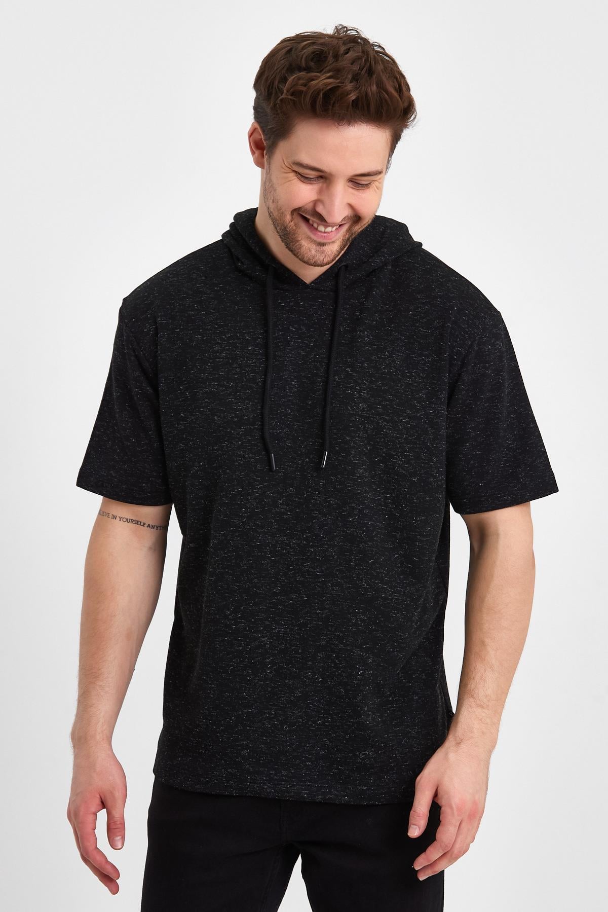 FİHA/BAZAR-7009 ERKEK KAPŞONLU KISSA KOL T-SHIRT - SİYAH