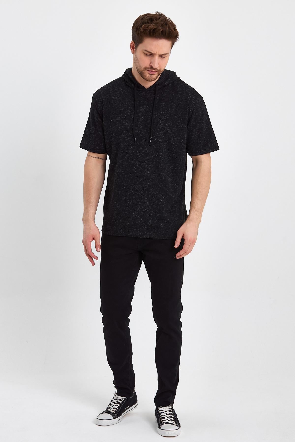FİHA/BAZAR-7009 ERKEK KAPŞONLU KISSA KOL T-SHIRT - SİYAH