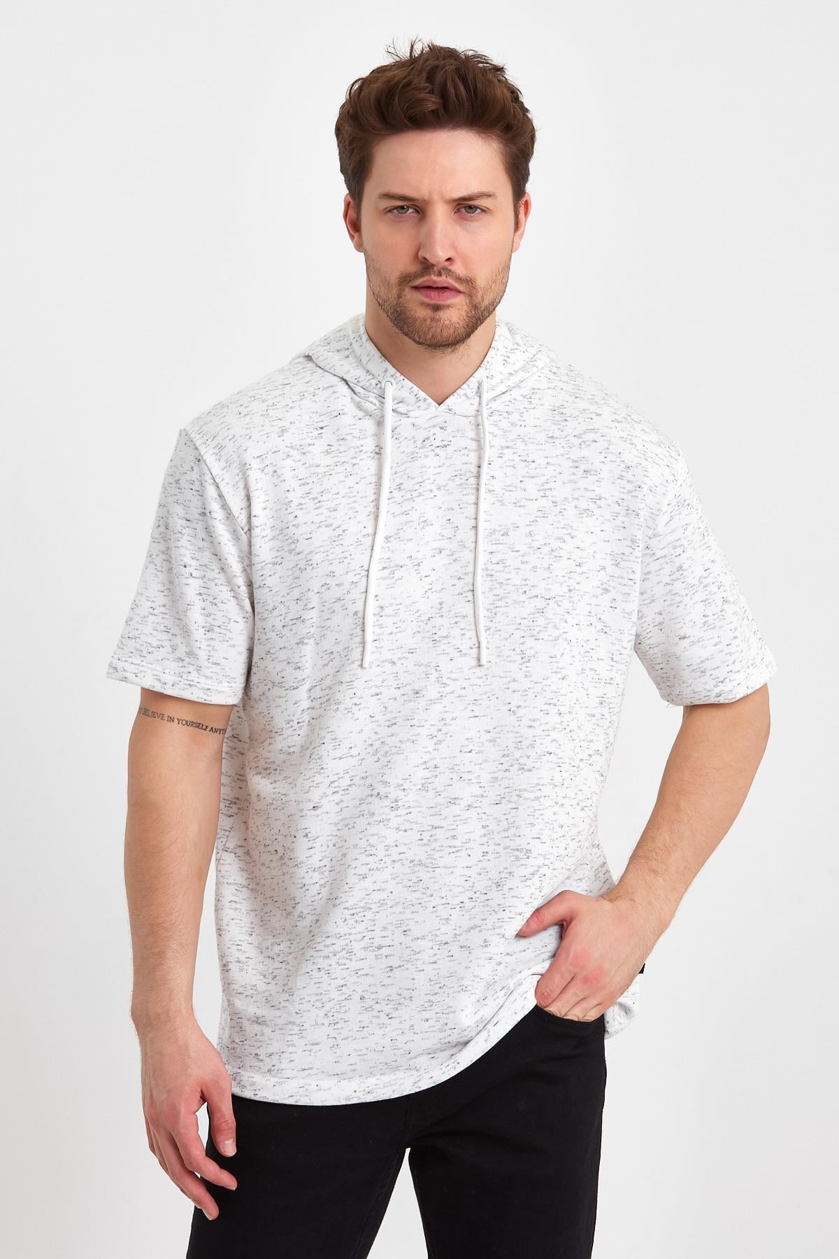 FİHA/BAZAR-7009 ERKEK KAPŞONLU KISSA KOL T-SHIRT - BEYAZ