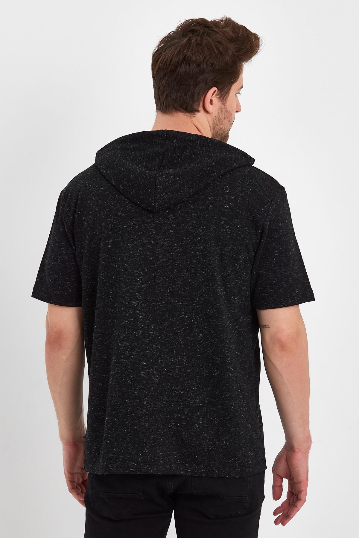 FİHA/BAZAR-7009 ERKEK KAPŞONLU KISSA KOL T-SHIRT - SİYAH