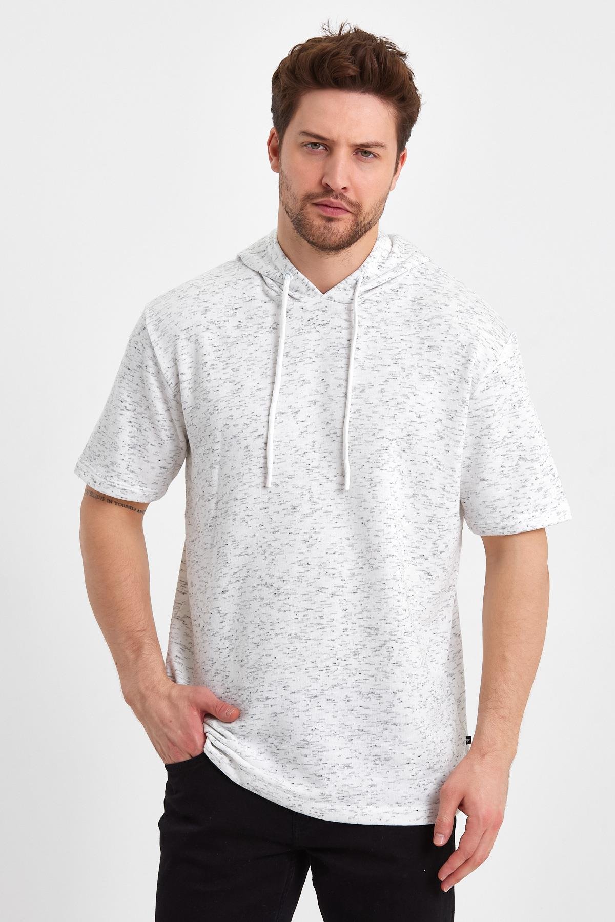 FİHA/BAZAR-7009 ERKEK KAPŞONLU KISSA KOL T-SHIRT - BEYAZ