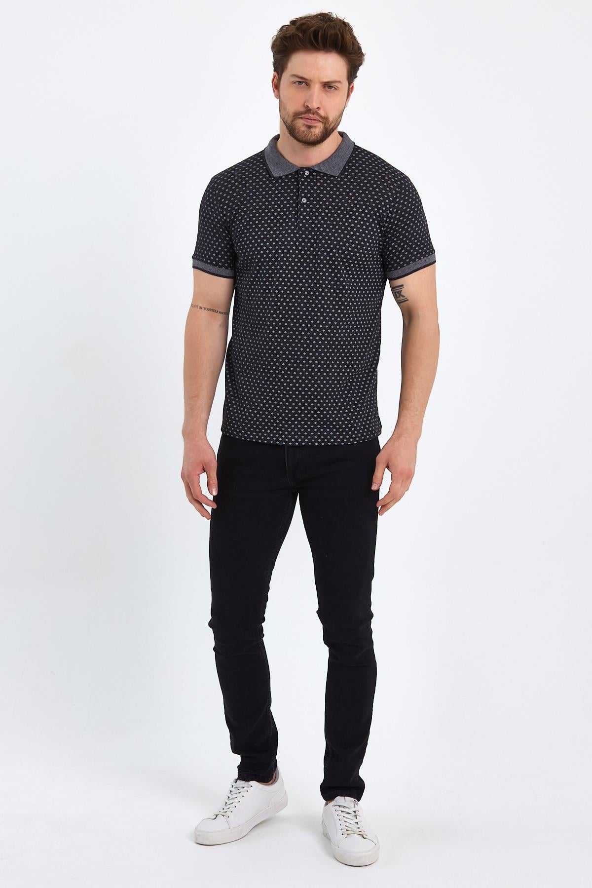FİHA/DAYANÇA-8509 ERKEK DESENLİ  POLA YAKA T-SHIRT - ANTRASİT