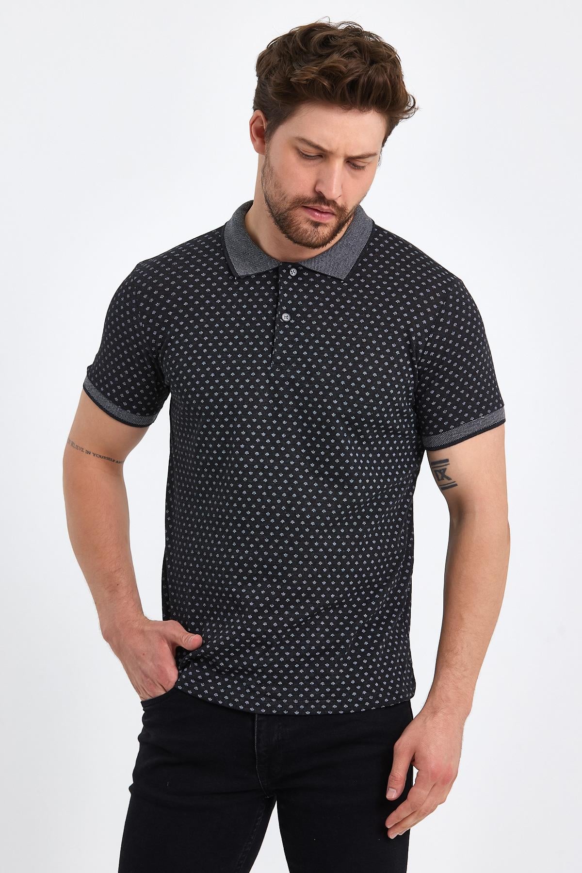FİHA/DAYANÇA-8509 ERKEK DESENLİ  POLA YAKA T-SHIRT - ANTRASİT