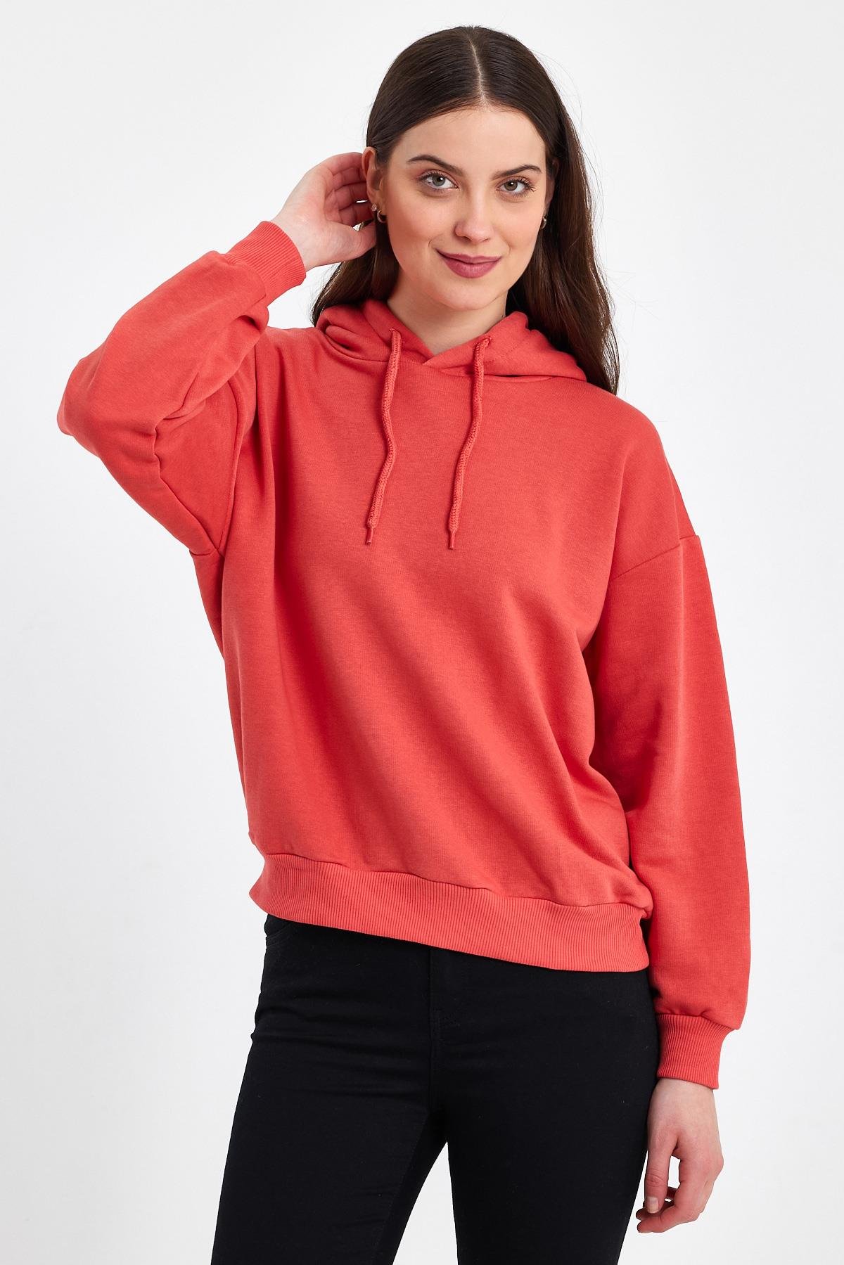 FİHA/DİDİNMEK-5010 KADIN ŞARDONSUZ KAPŞONLU OVERSIZE SWEAT - KIRMIZI