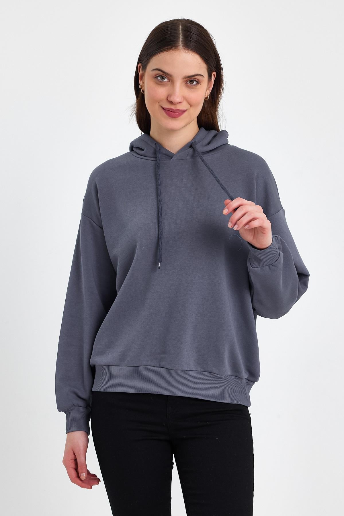 FİHA/DİDİNMEK-5010 KADIN ŞARDONSUZ KAPŞONLU OVERSIZE SWEAT - İNDİGO