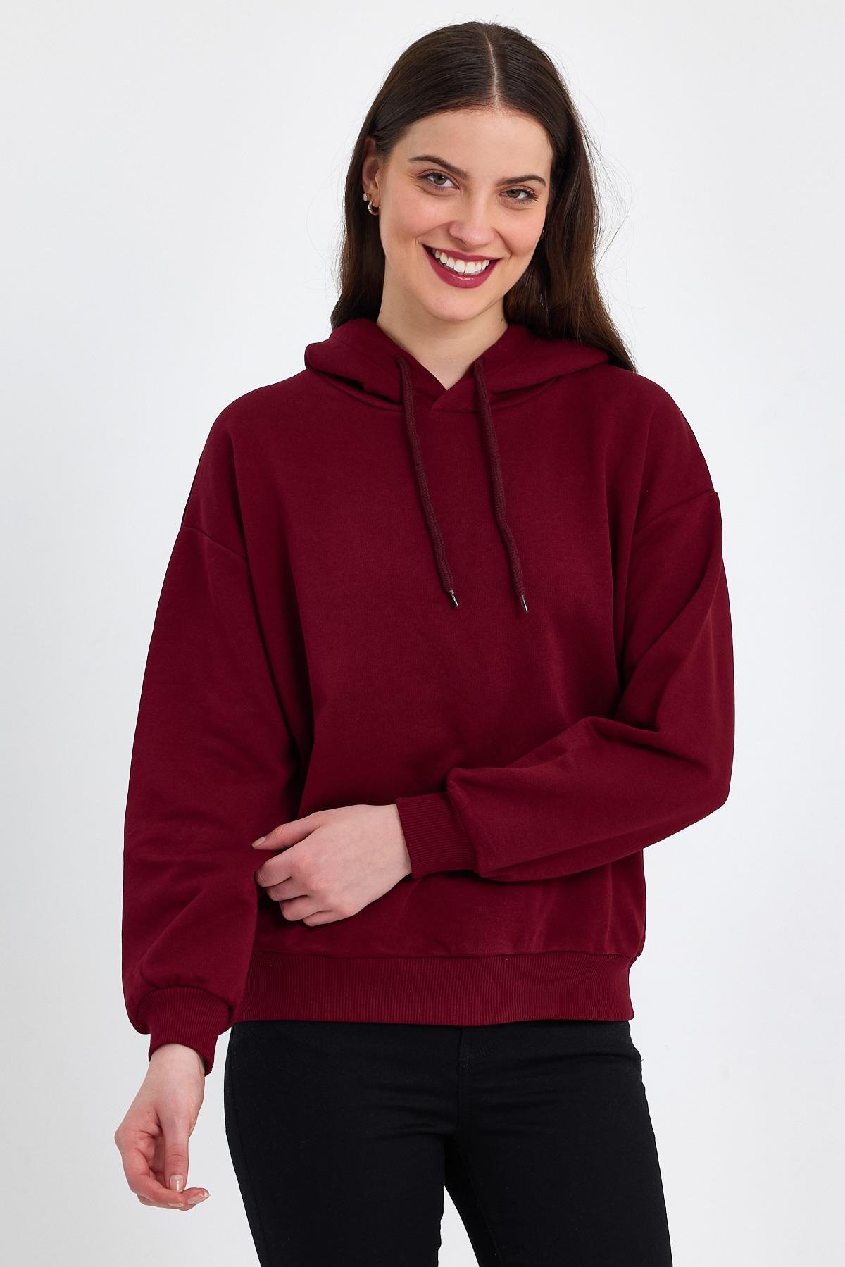 FİHA/DİDİNMEK-5010 KADIN ŞARDONSUZ KAPŞONLU OVERSIZE SWEAT - BORDO