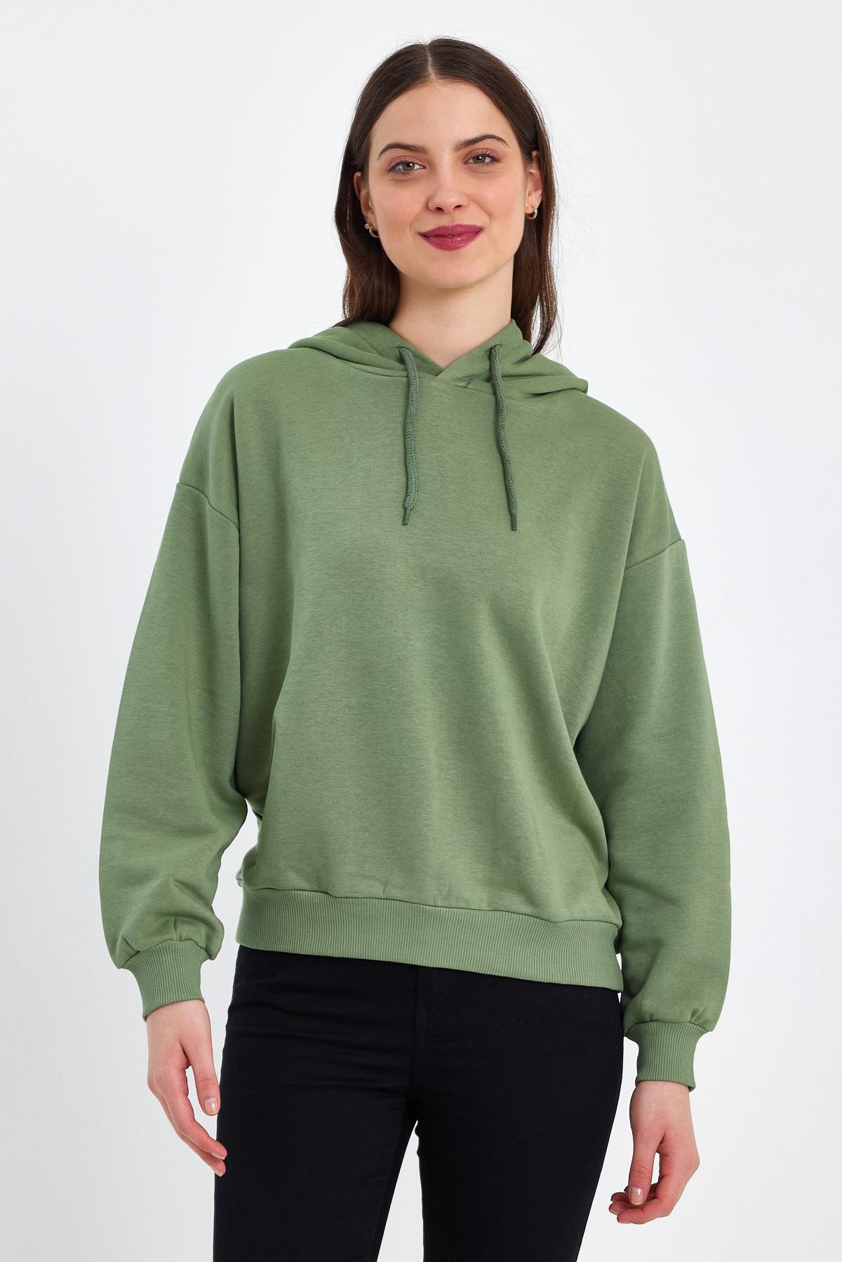 FİHA/DİDİNMEK-5010 KADIN ŞARDONSUZ KAPŞONLU OVERSIZE SWEAT - YEŞİL