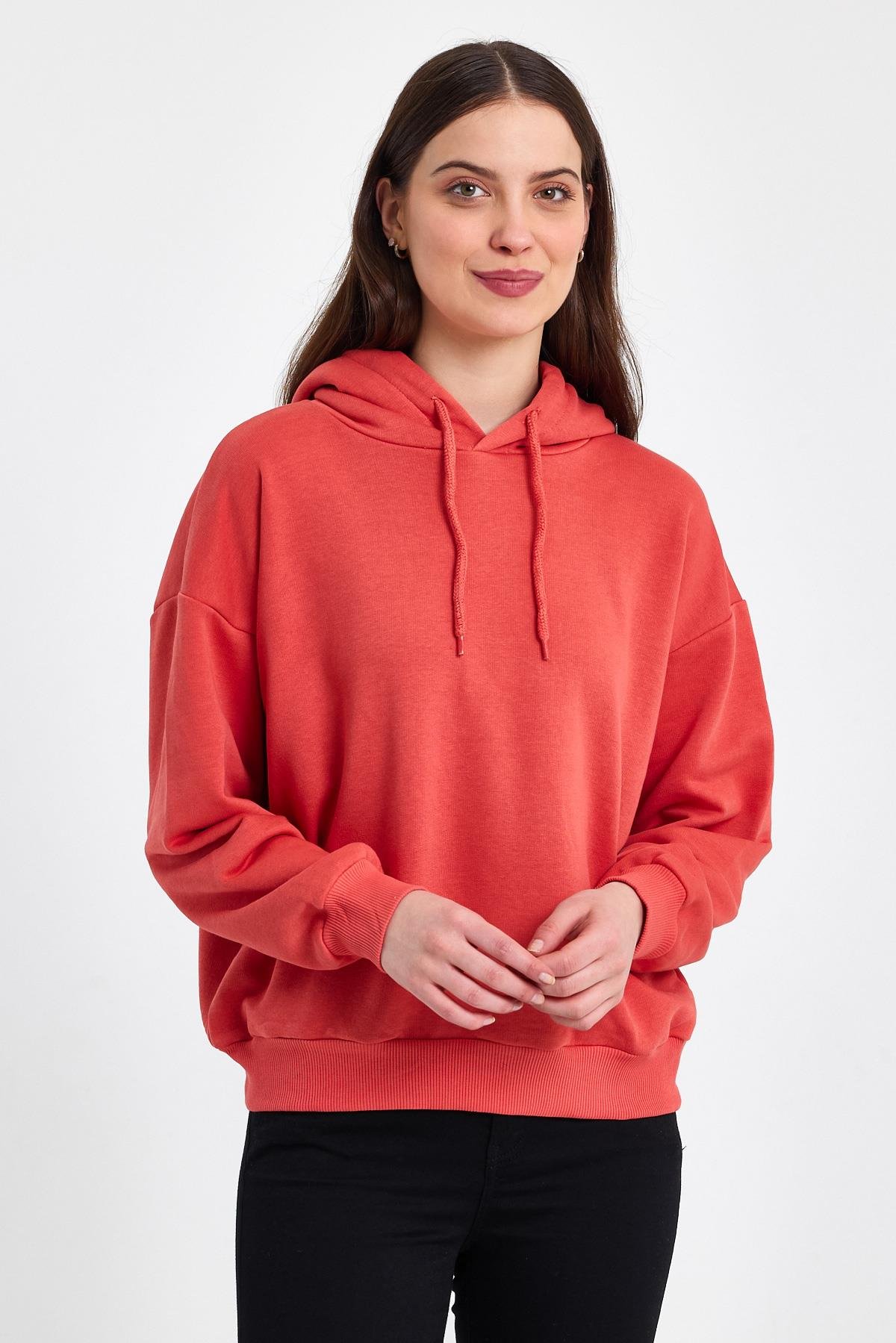 FİHA/DİDİNMEK-5010 KADIN ŞARDONSUZ KAPŞONLU OVERSIZE SWEAT - KIRMIZI