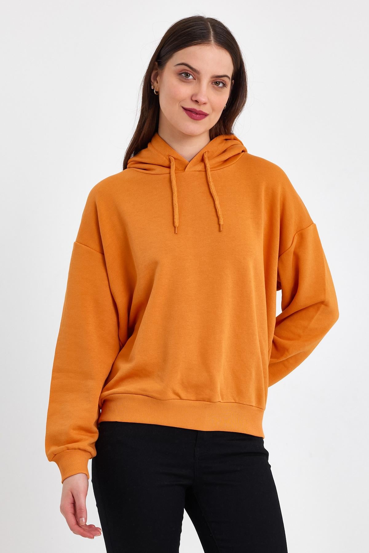 FİHA/DİDİNMEK-5010 KADIN ŞARDONSUZ KAPŞONLU OVERSIZE SWEAT - HARDAL SARISI 