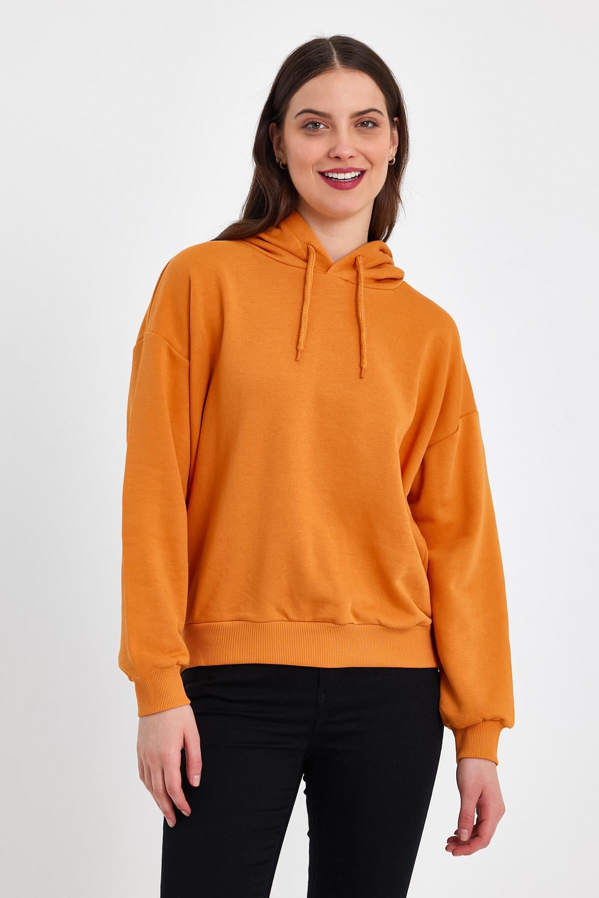 FİHA/DİDİNMEK-5010 KADIN ŞARDONSUZ KAPŞONLU OVERSIZE SWEAT - HARDAL SARISI 