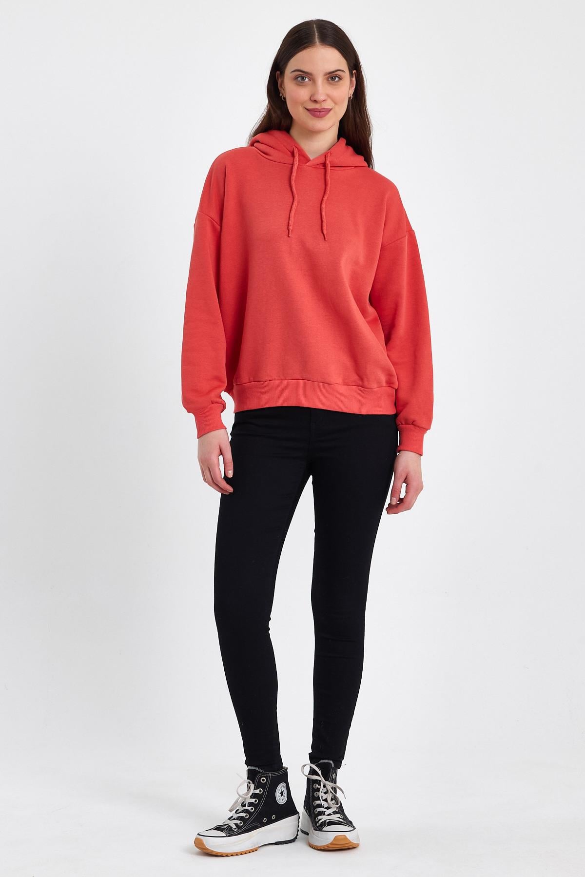 FİHA/DİDİNMEK-5010 KADIN ŞARDONSUZ KAPŞONLU OVERSIZE SWEAT - KIRMIZI