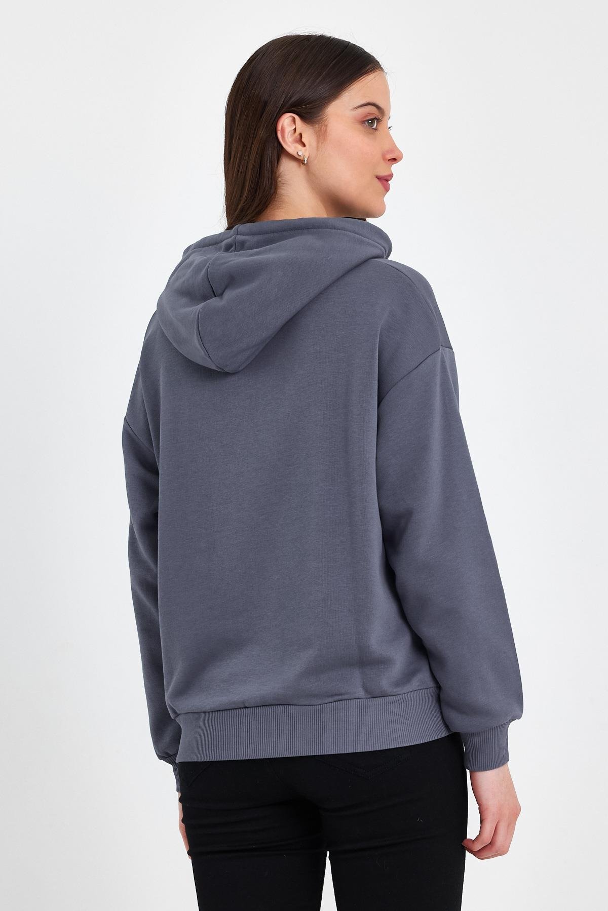 FİHA/DİDİNMEK-5010 KADIN ŞARDONSUZ KAPŞONLU OVERSIZE SWEAT - İNDİGO