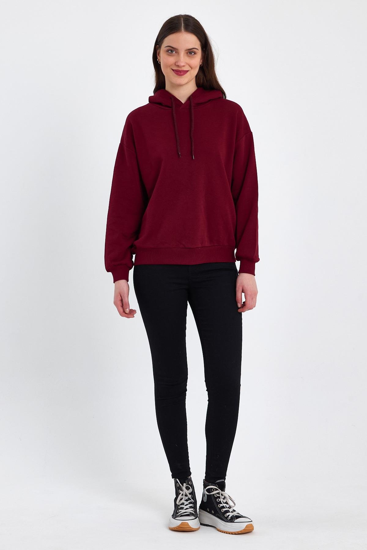 FİHA/DİDİNMEK-5010 KADIN ŞARDONSUZ KAPŞONLU OVERSIZE SWEAT - BORDO