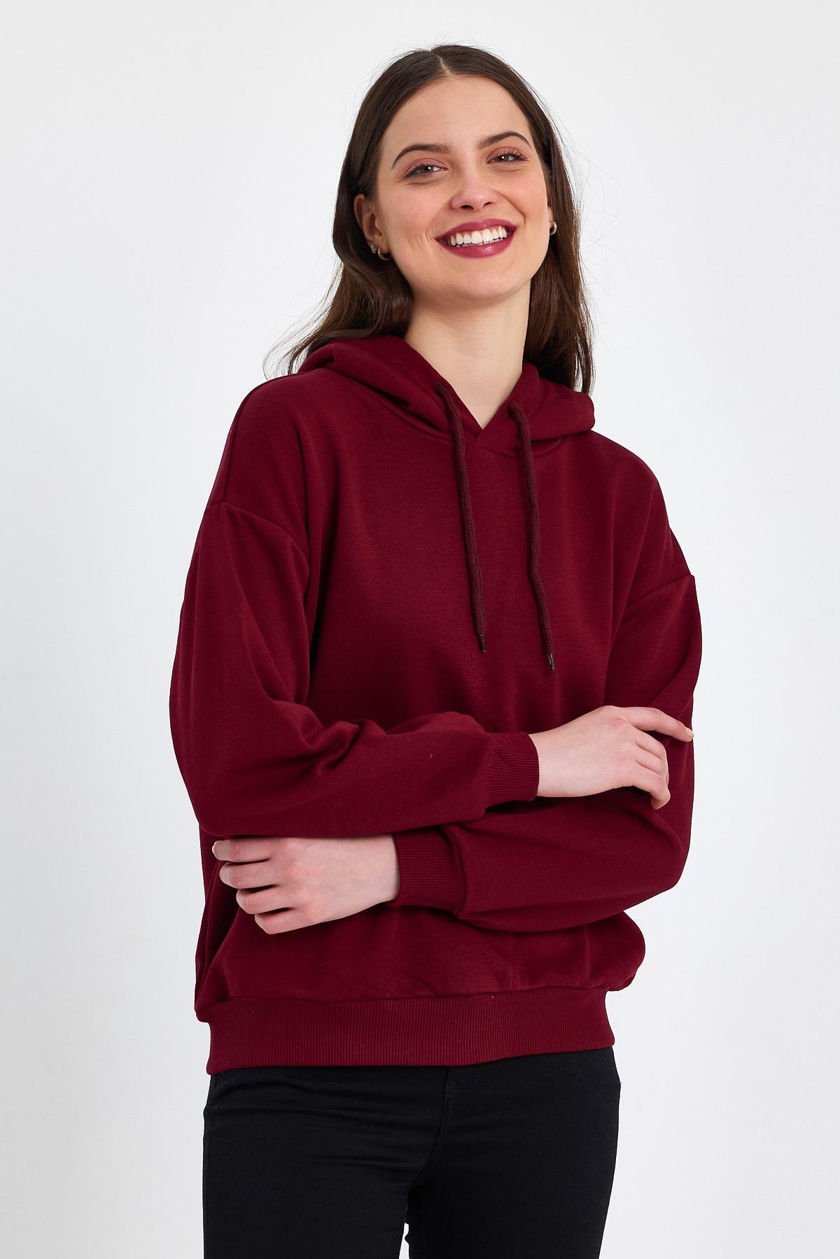 FİHA/DİDİNMEK-5010 KADIN ŞARDONSUZ KAPŞONLU OVERSIZE SWEAT - BORDO