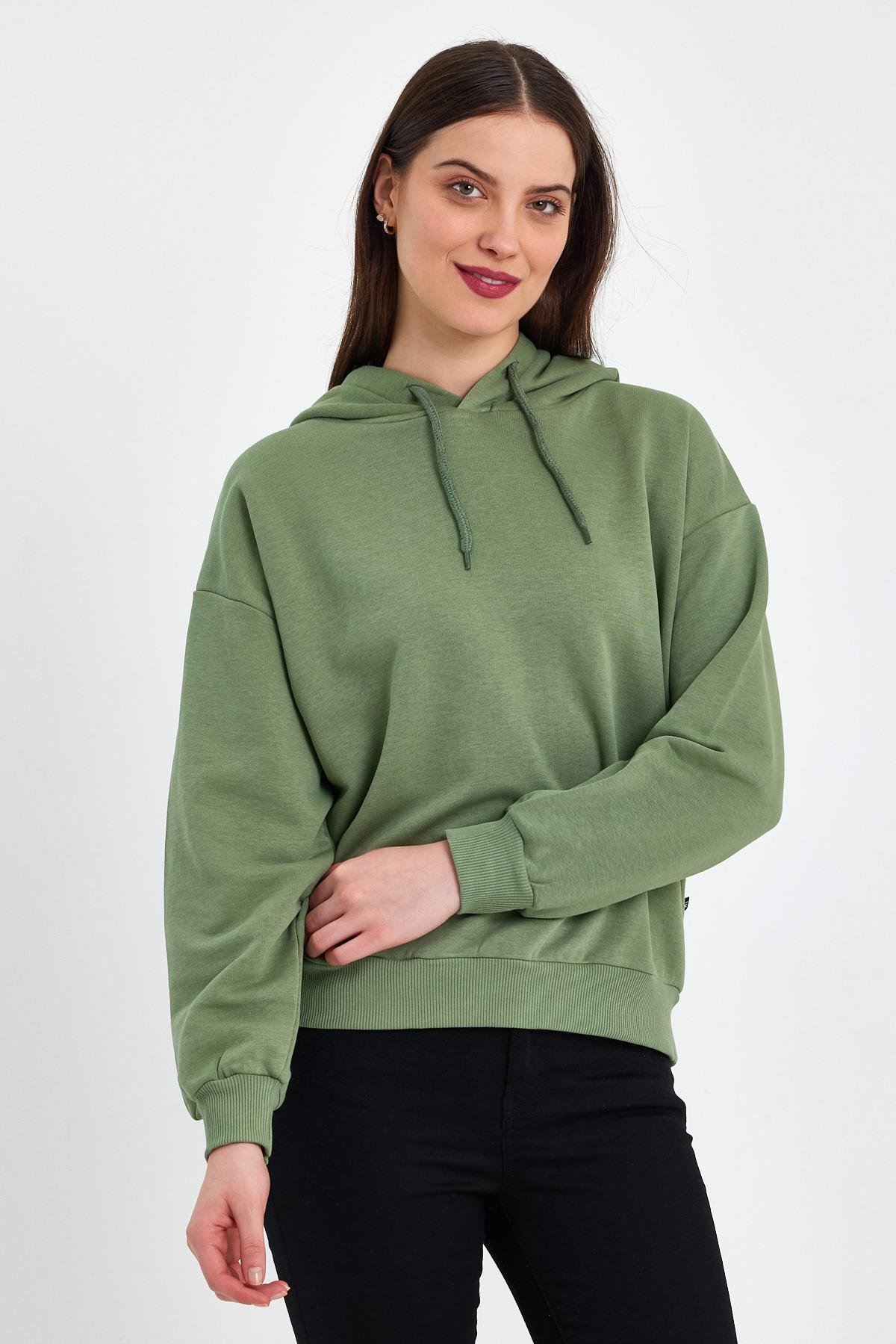 FİHA/DİDİNMEK-5010 KADIN ŞARDONSUZ KAPŞONLU OVERSIZE SWEAT - YEŞİL