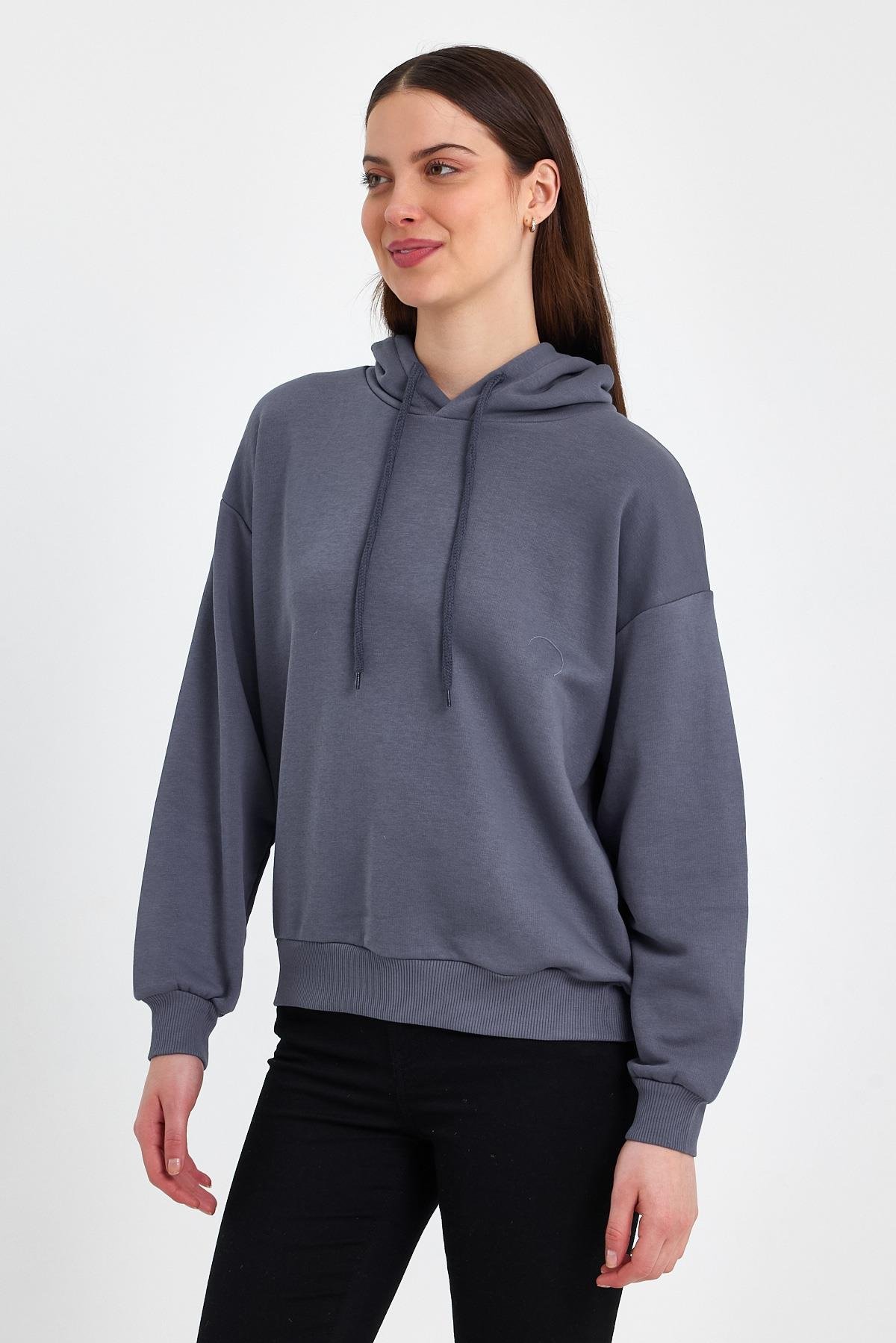 FİHA/DİDİNMEK-5010 KADIN ŞARDONSUZ KAPŞONLU OVERSIZE SWEAT - İNDİGO