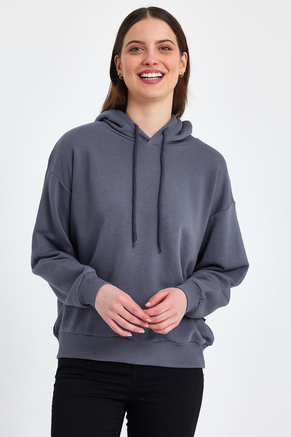 FİHA/DİDİNMEK-5010 KADIN ŞARDONSUZ KAPŞONLU OVERSIZE SWEAT - İNDİGO