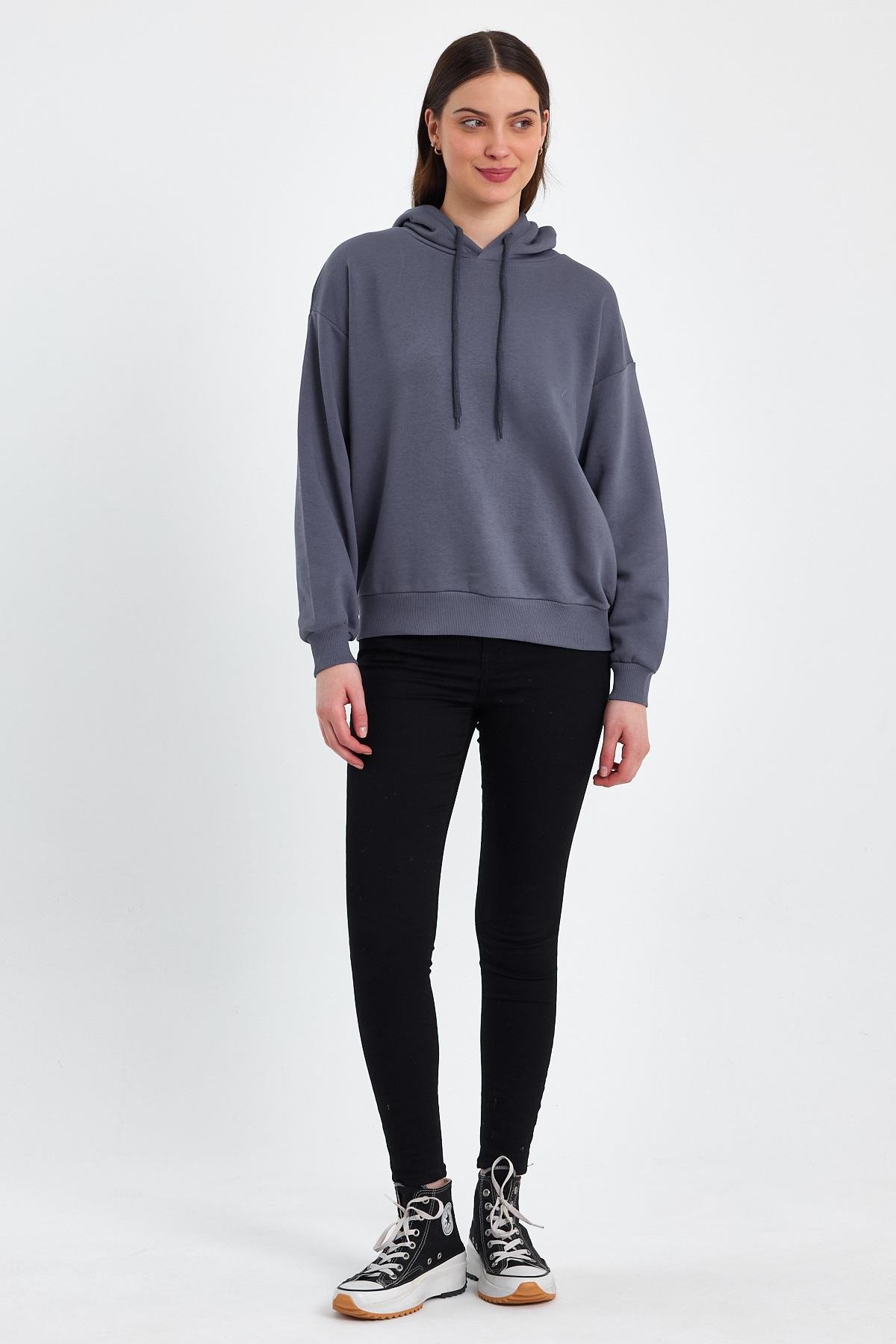 FİHA/DİDİNMEK-5010 KADIN ŞARDONSUZ KAPŞONLU OVERSIZE SWEAT - İNDİGO