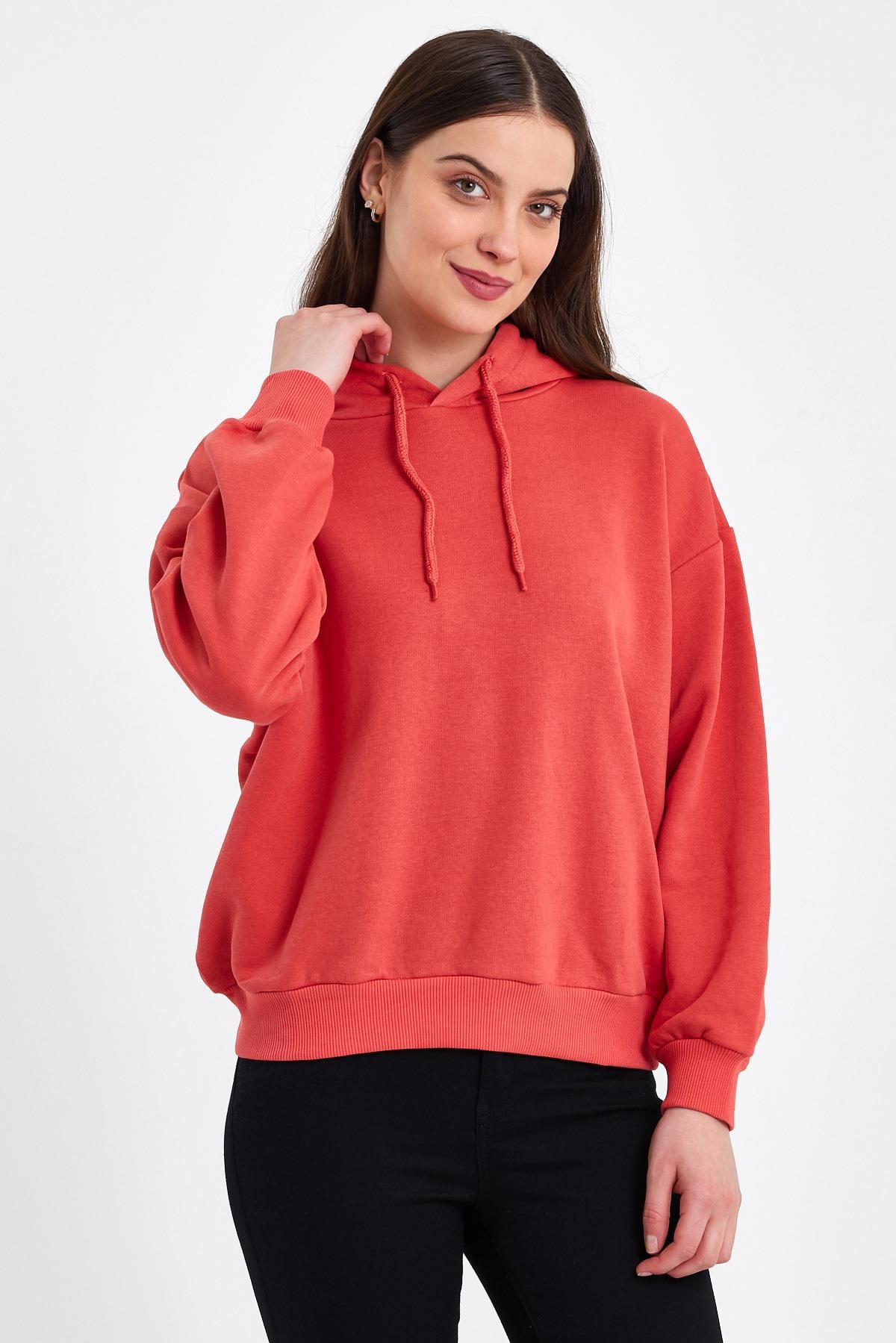 FİHA/DİDİNMEK-5010 KADIN ŞARDONSUZ KAPŞONLU OVERSIZE SWEAT - KIRMIZI