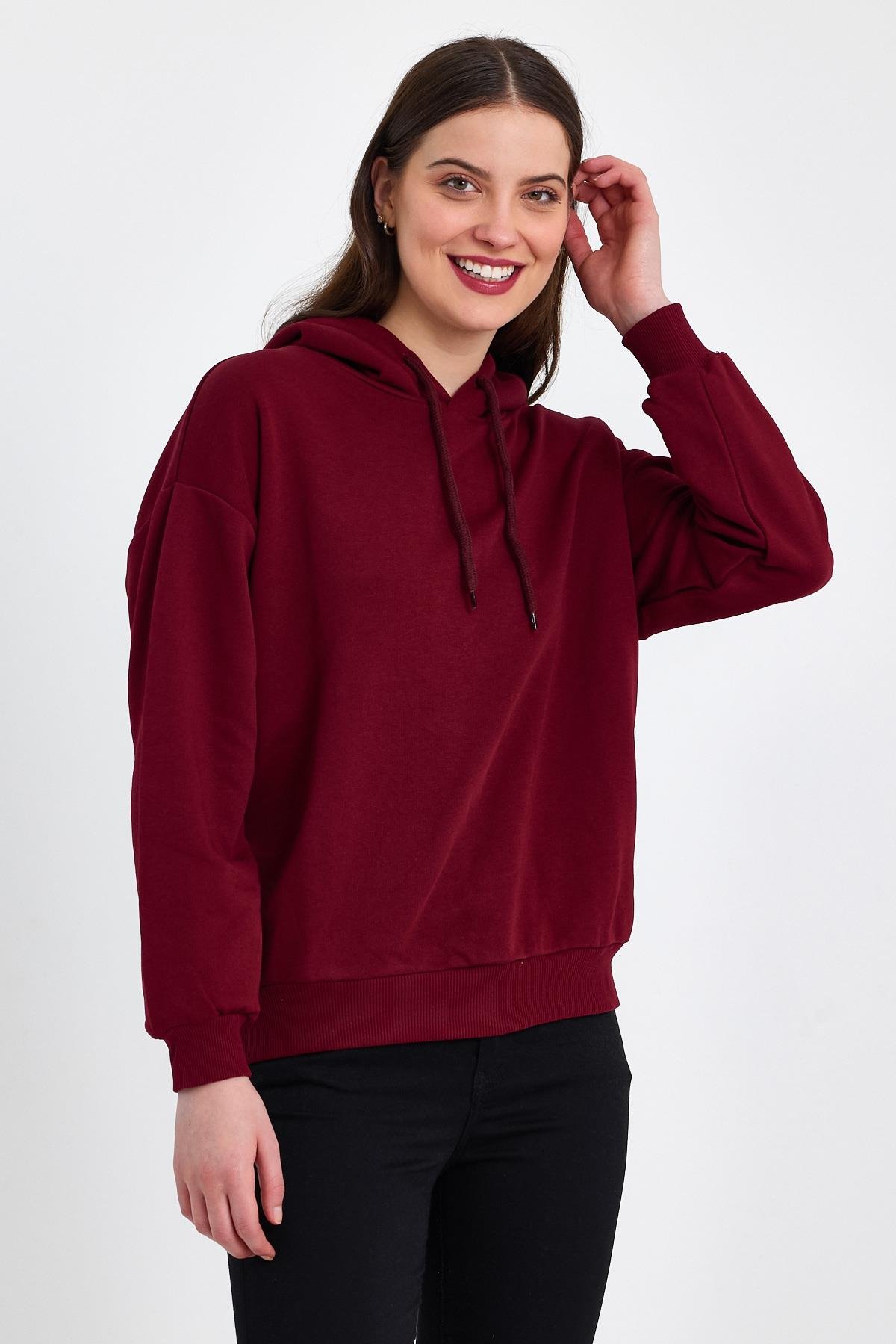 FİHA/DİDİNMEK-5010 KADIN ŞARDONSUZ KAPŞONLU OVERSIZE SWEAT - BORDO