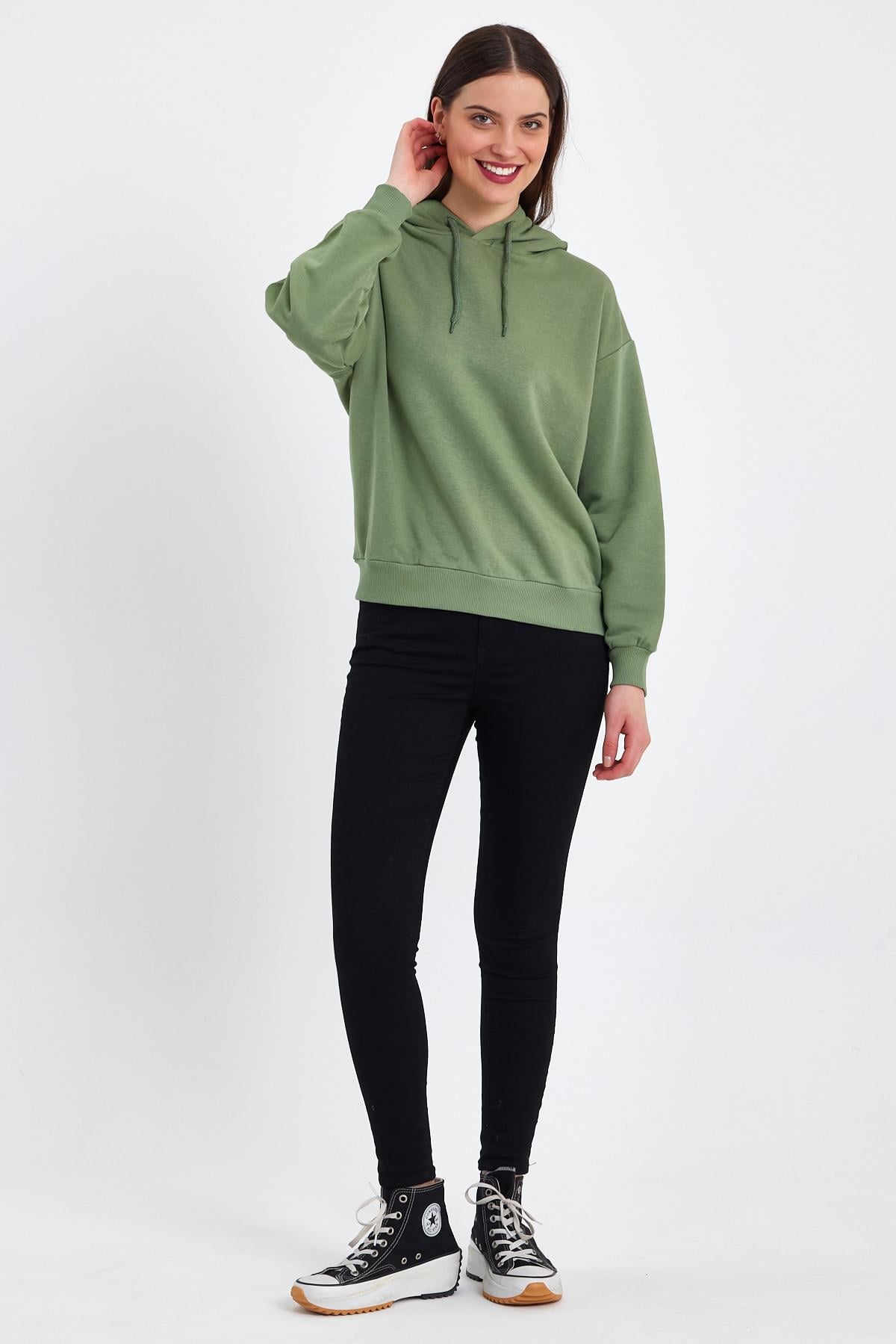 FİHA/DİDİNMEK-5010 KADIN ŞARDONSUZ KAPŞONLU OVERSIZE SWEAT - YEŞİL