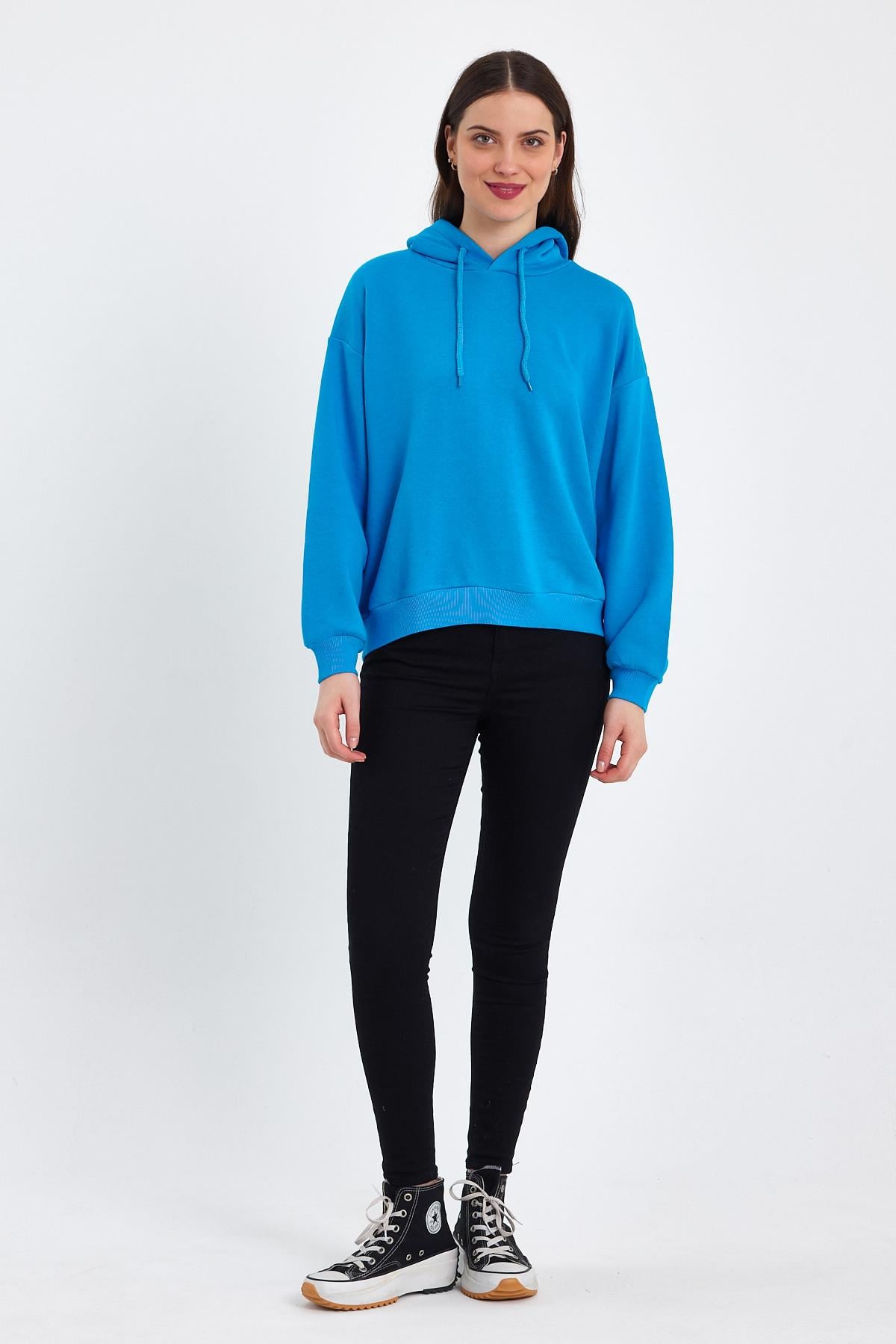 FİHA/DİDİNMEK-5010 KADIN ŞARDONSUZ OVERSIZE KAPŞONLU SWEAT - MAVİ