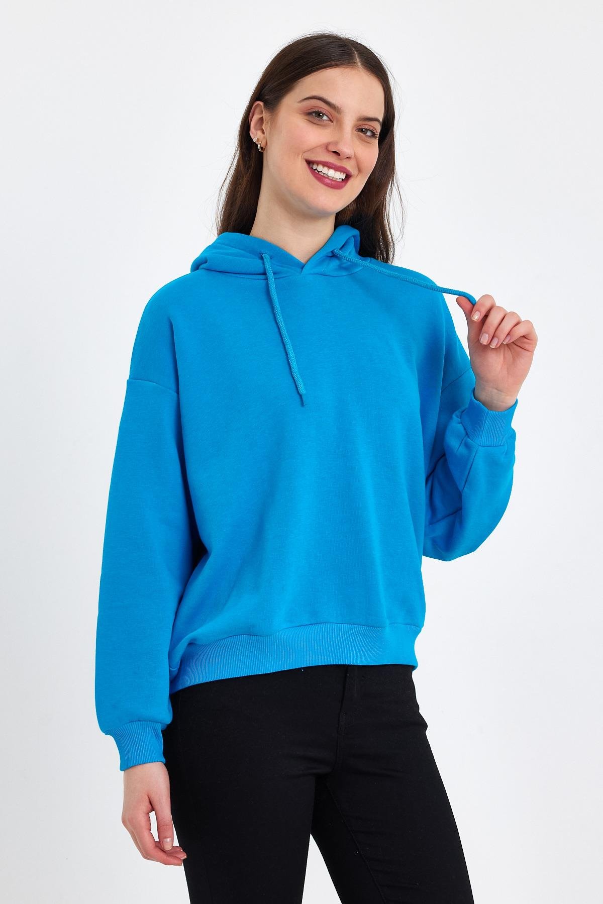FİHA/DİDİNMEK-5010 KADIN ŞARDONSUZ OVERSIZE KAPŞONLU SWEAT - MAVİ