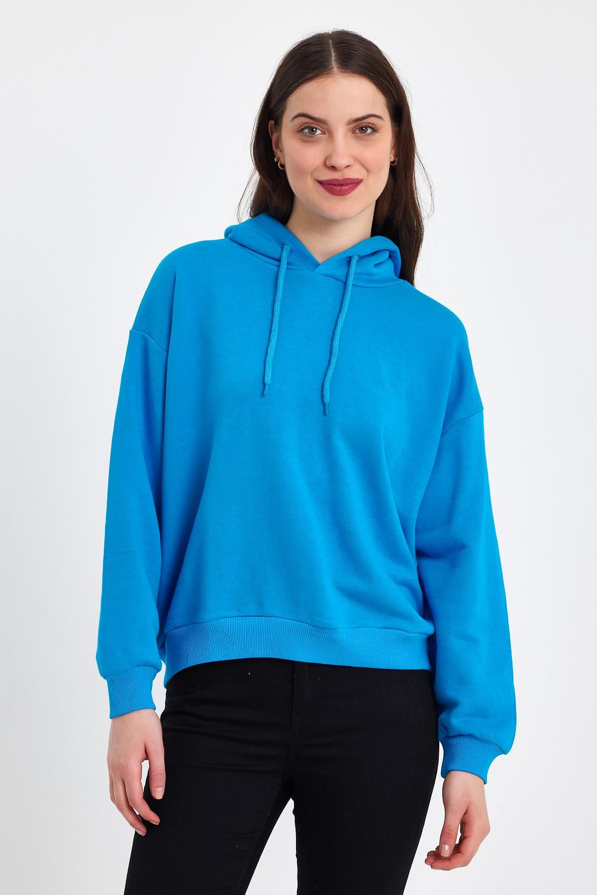 FİHA/DİDİNMEK-5010 KADIN ŞARDONSUZ OVERSIZE KAPŞONLU SWEAT - MAVİ