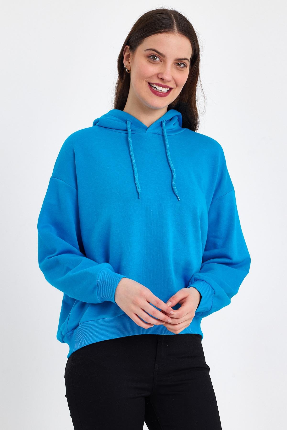 FİHA/DİDİNMEK-5010 KADIN ŞARDONSUZ OVERSIZE KAPŞONLU SWEAT - MAVİ