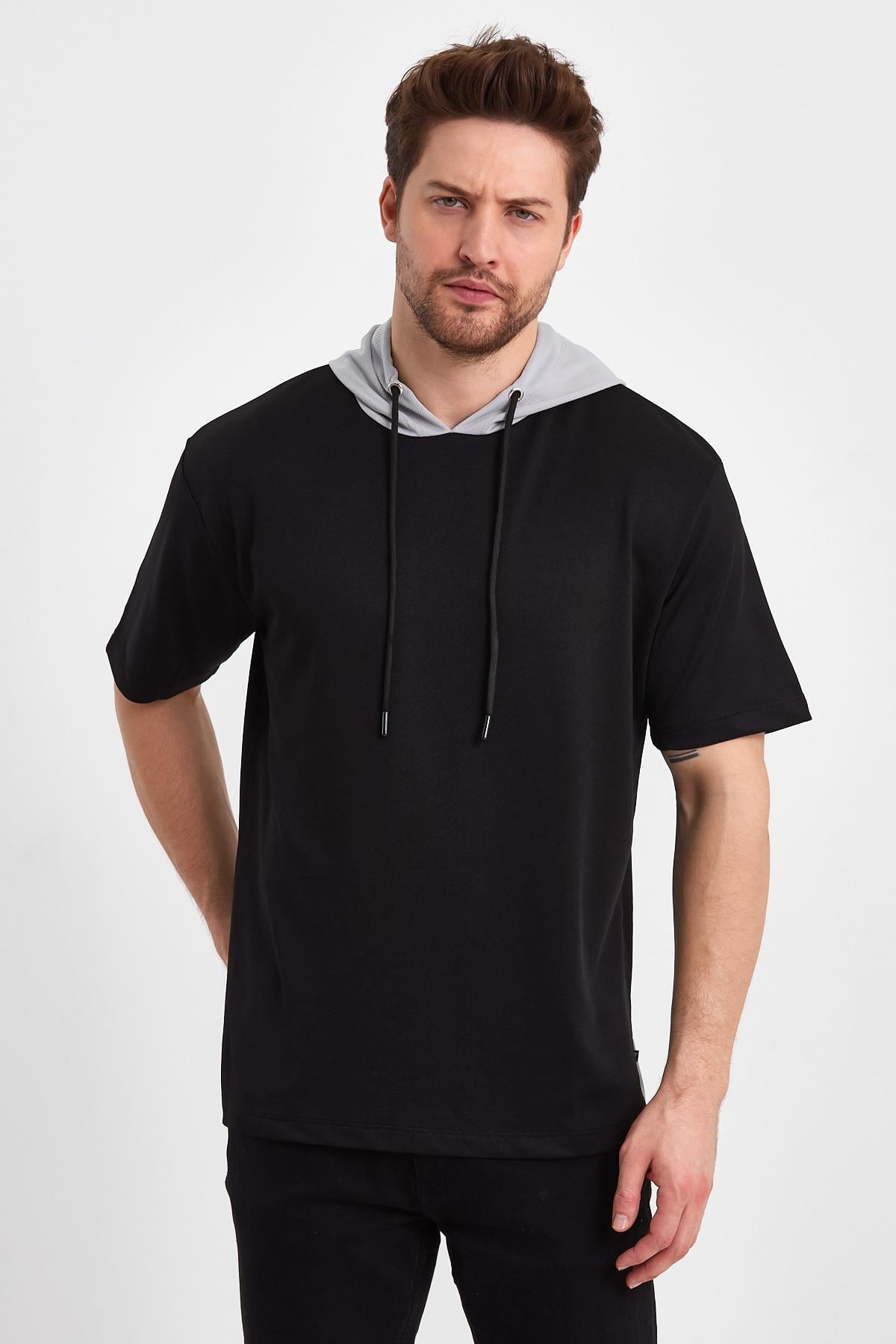 FİHA/FIRTINA-7006 ERKEK BASKISIZ KAPŞONLU T-SHIRT - SİYAH
