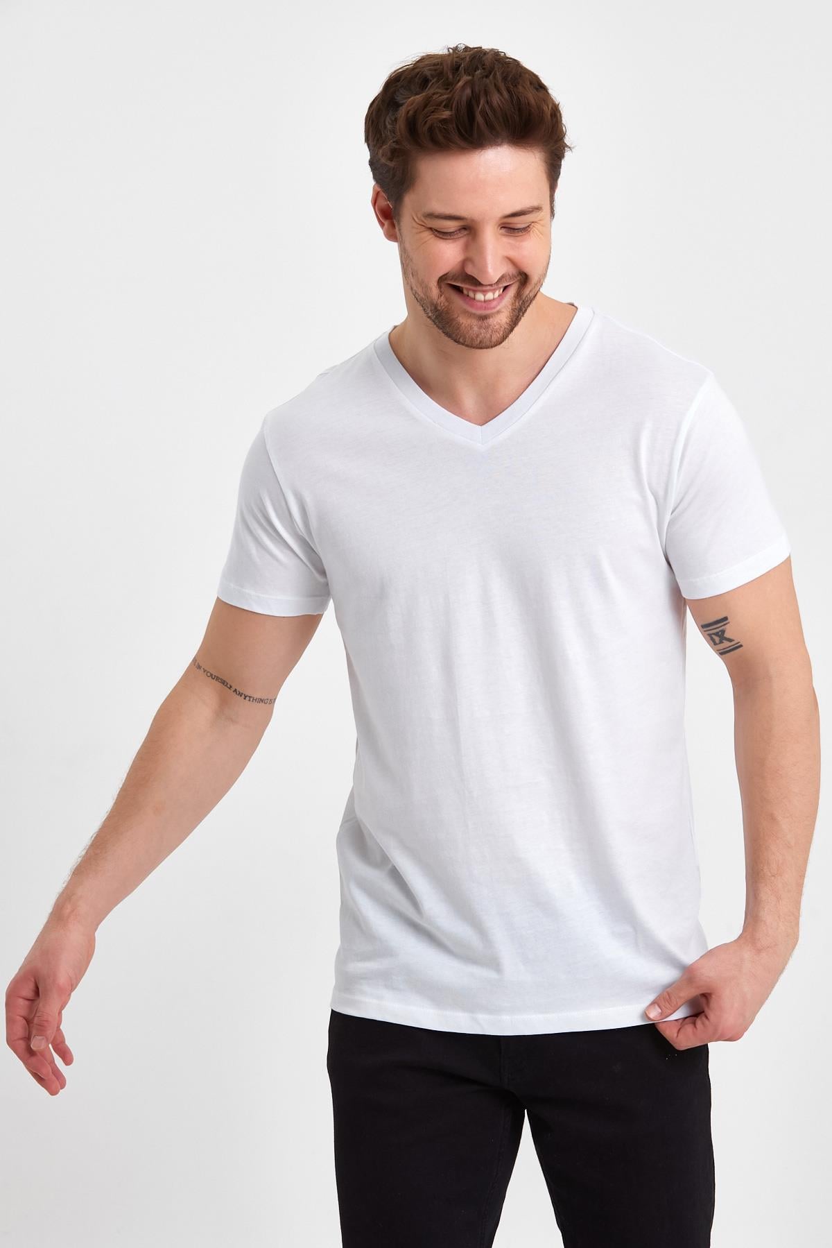 FİHA/GADAKLI-9035 ERKEK V YAKA KOMPAK T-SHIRT - BEYAZ 