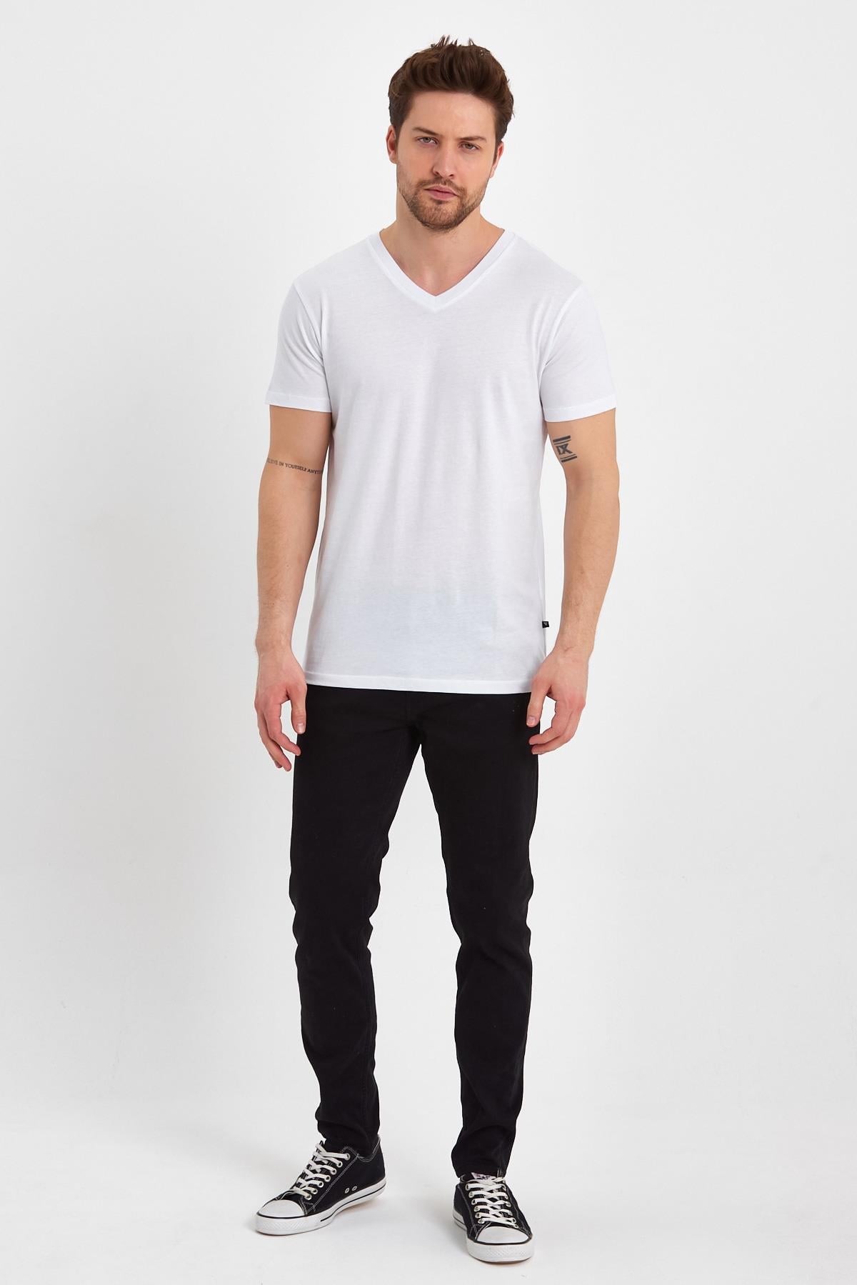 FİHA/GADAKLI-9035 ERKEK V YAKA KOMPAK T-SHIRT - BEYAZ 