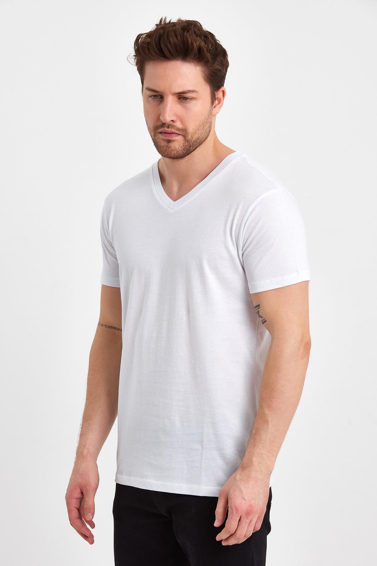 FİHA/GADAKLI-9035 ERKEK V YAKA KOMPAK T-SHIRT - BEYAZ 
