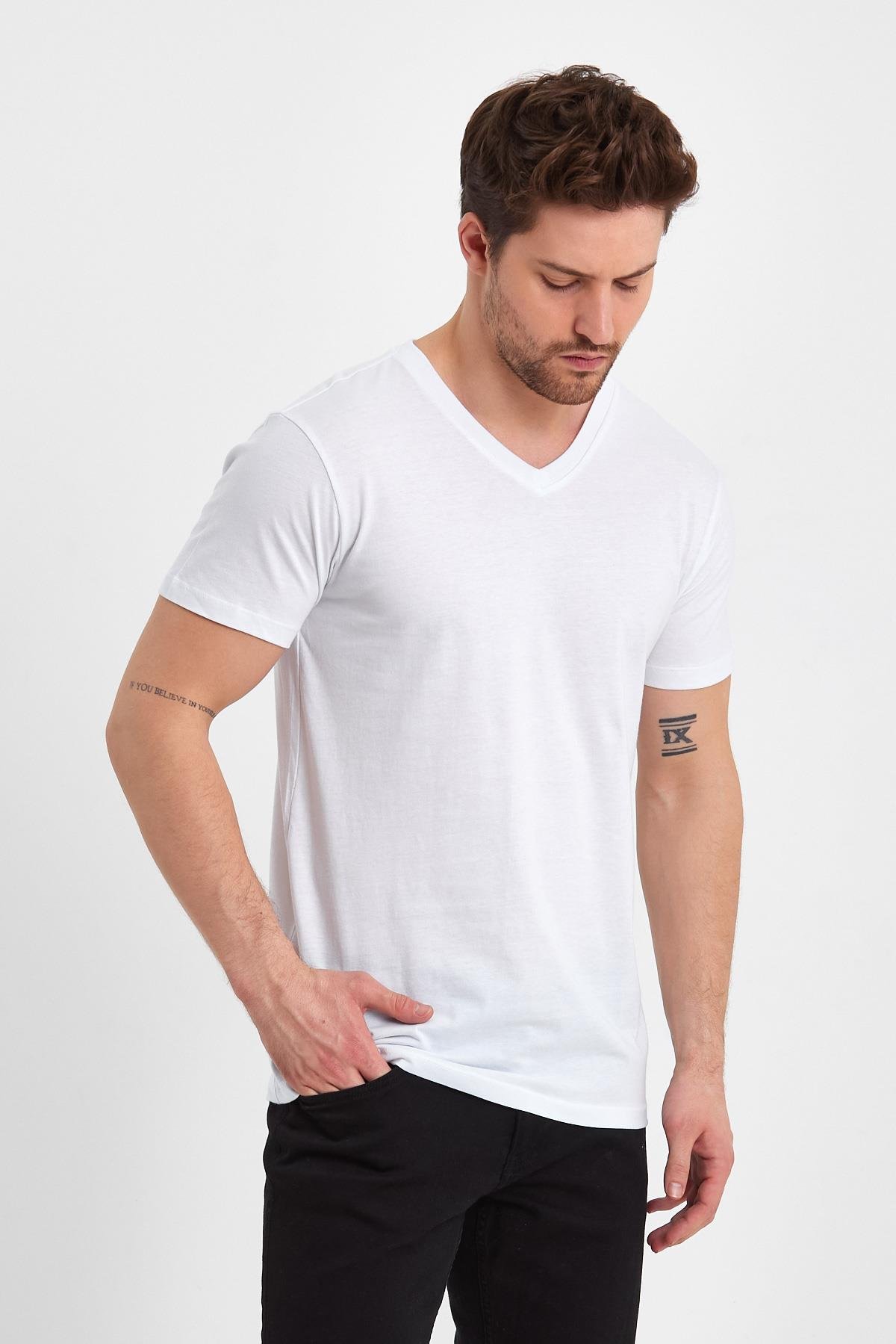 FİHA/GADAKLI-9035 ERKEK V YAKA KOMPAK T-SHIRT - BEYAZ 