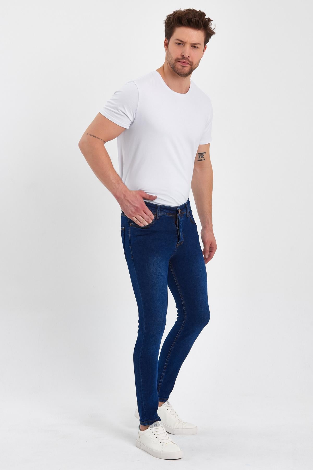 FİHA/GÖLÜK-8940 ERKEK DÜĞMELİ TAŞLI SKİNNY JEANS - KOYU MAVİ