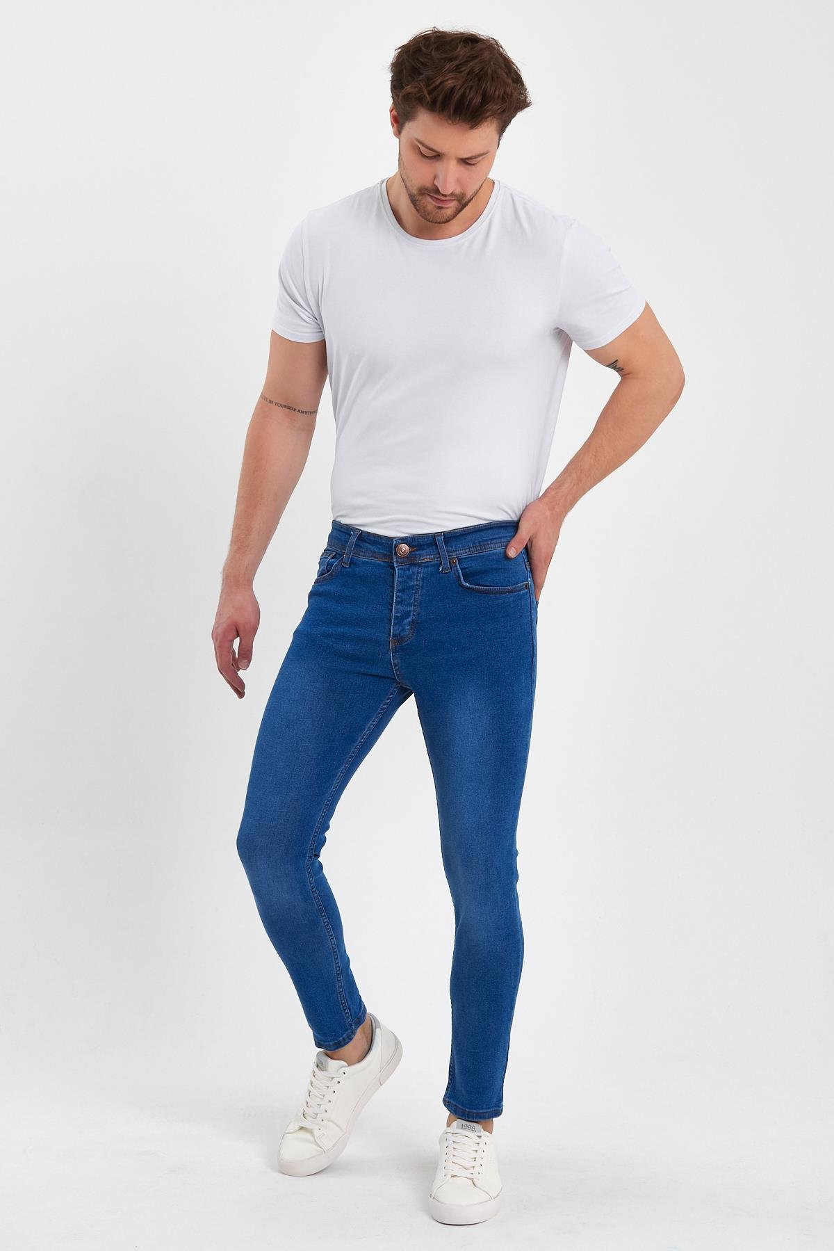 FİHA/GÖLÜK-8940 ERKEK DÜĞMELİ TAŞLI SKİNNY JEANS - MAVİ 