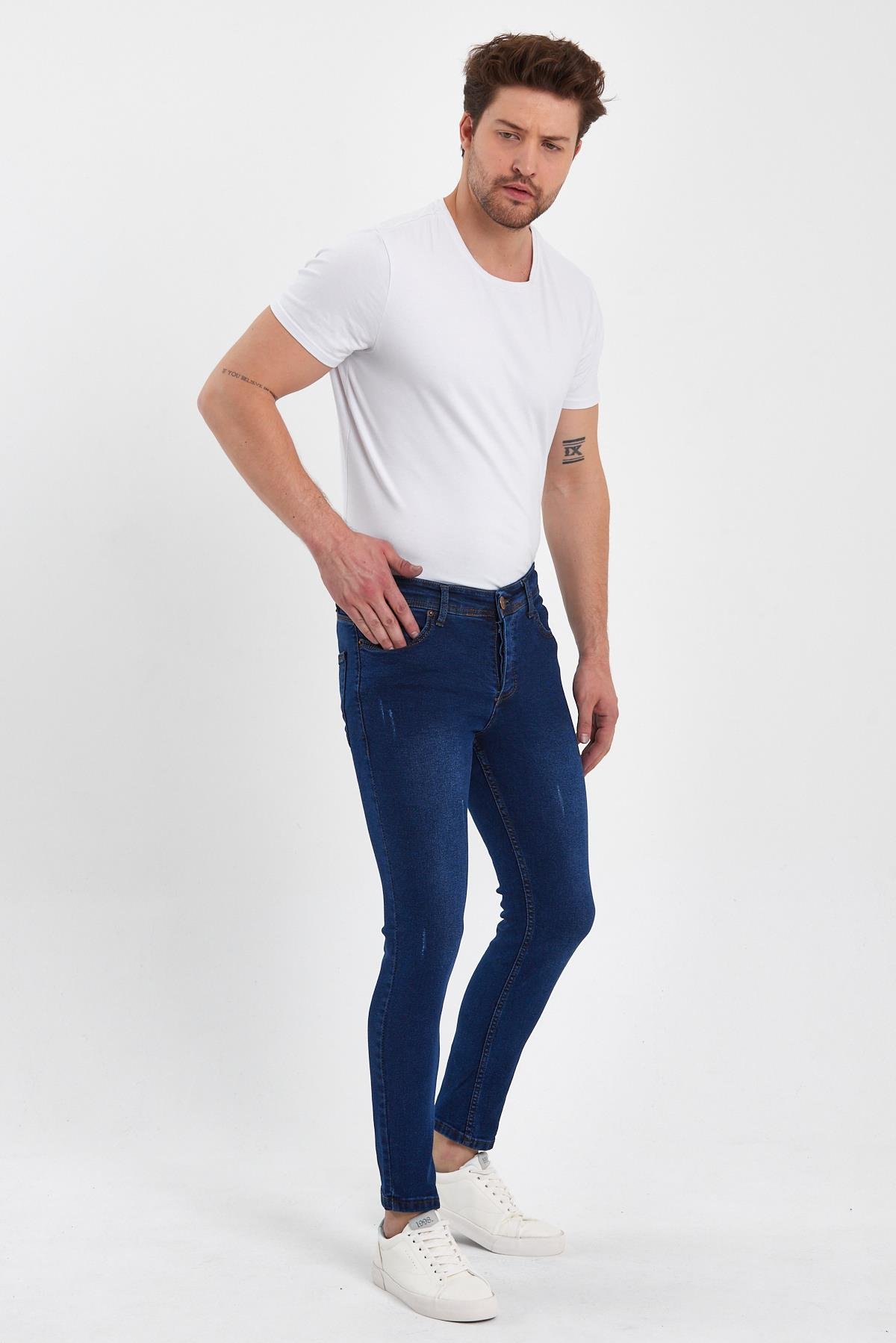 FİHA/GOYA-8859 ERKEK DÜĞMELİ TAŞLI TIRNAKLI SKİNNY JEANS - KOYU MAVİ 