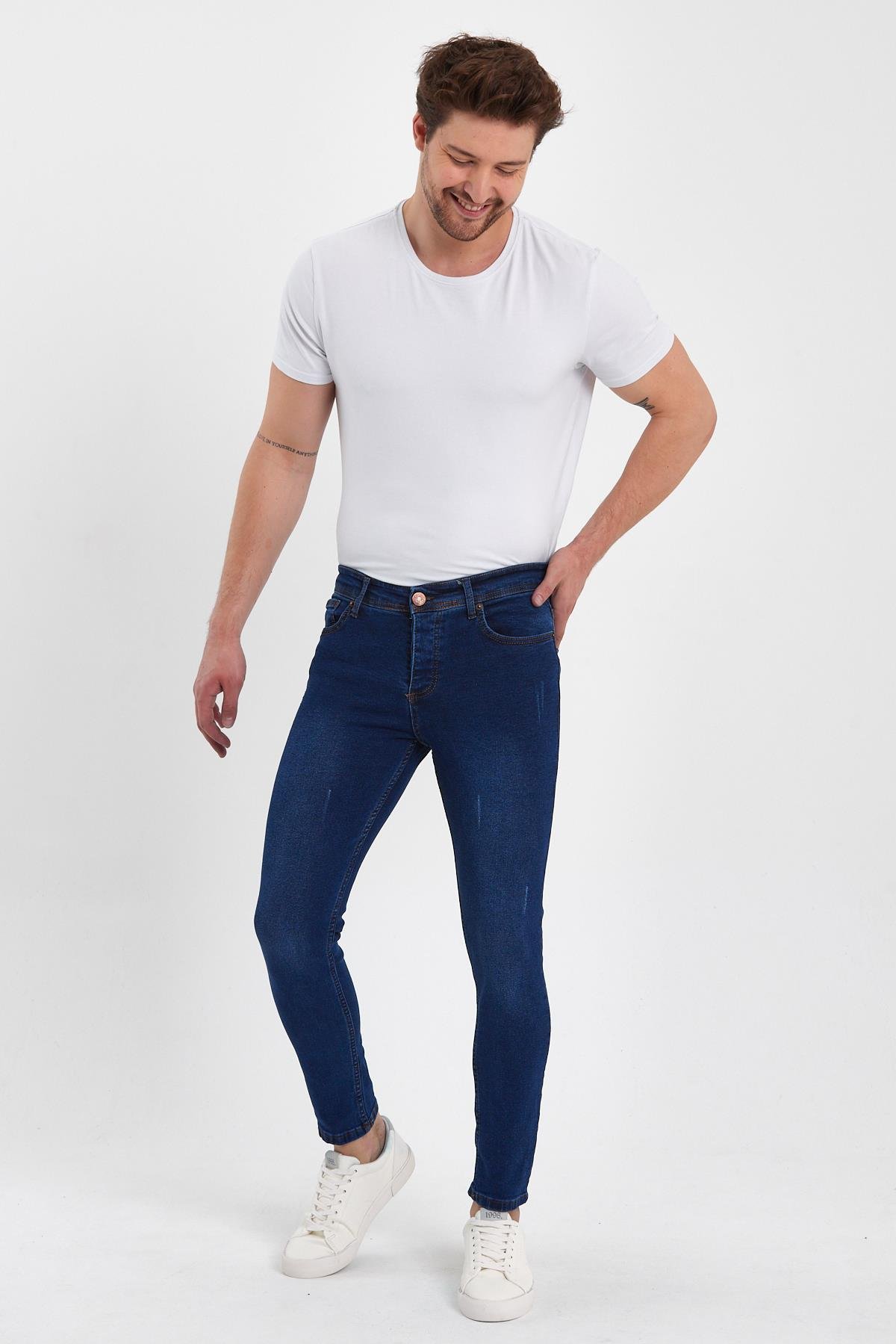 FİHA/GOYA-8859 ERKEK DÜĞMELİ TAŞLI TIRNAKLI SKİNNY JEANS - KOYU MAVİ 