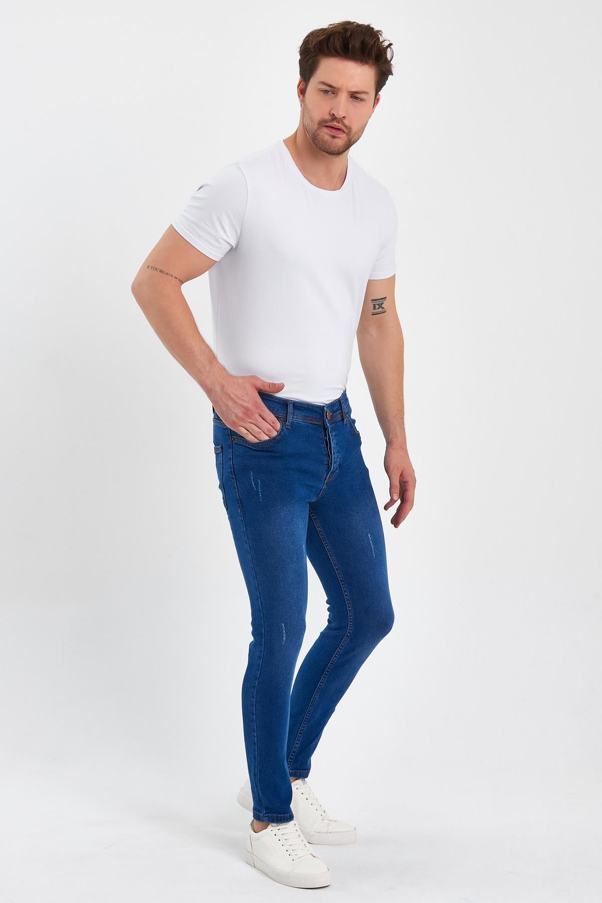 FİHA/GOYA-8859 ERKEK DÜĞMELİ TAŞLI TIRNAKLI SKİNNY JEANS - MAVİ