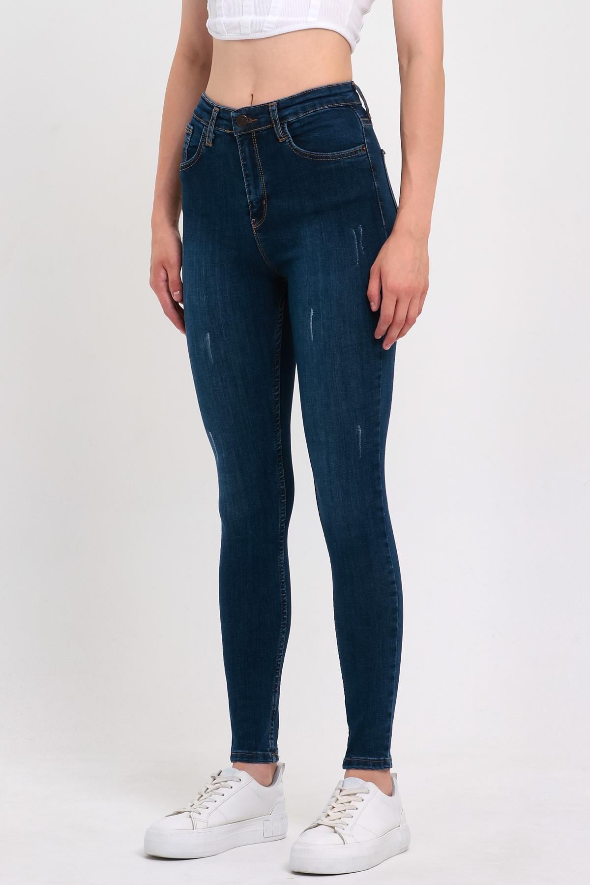 FİHA/HERDEM-4345 KADIN TIRNAKLI TAŞLAMALI JEANS - KOYU MAVİ 