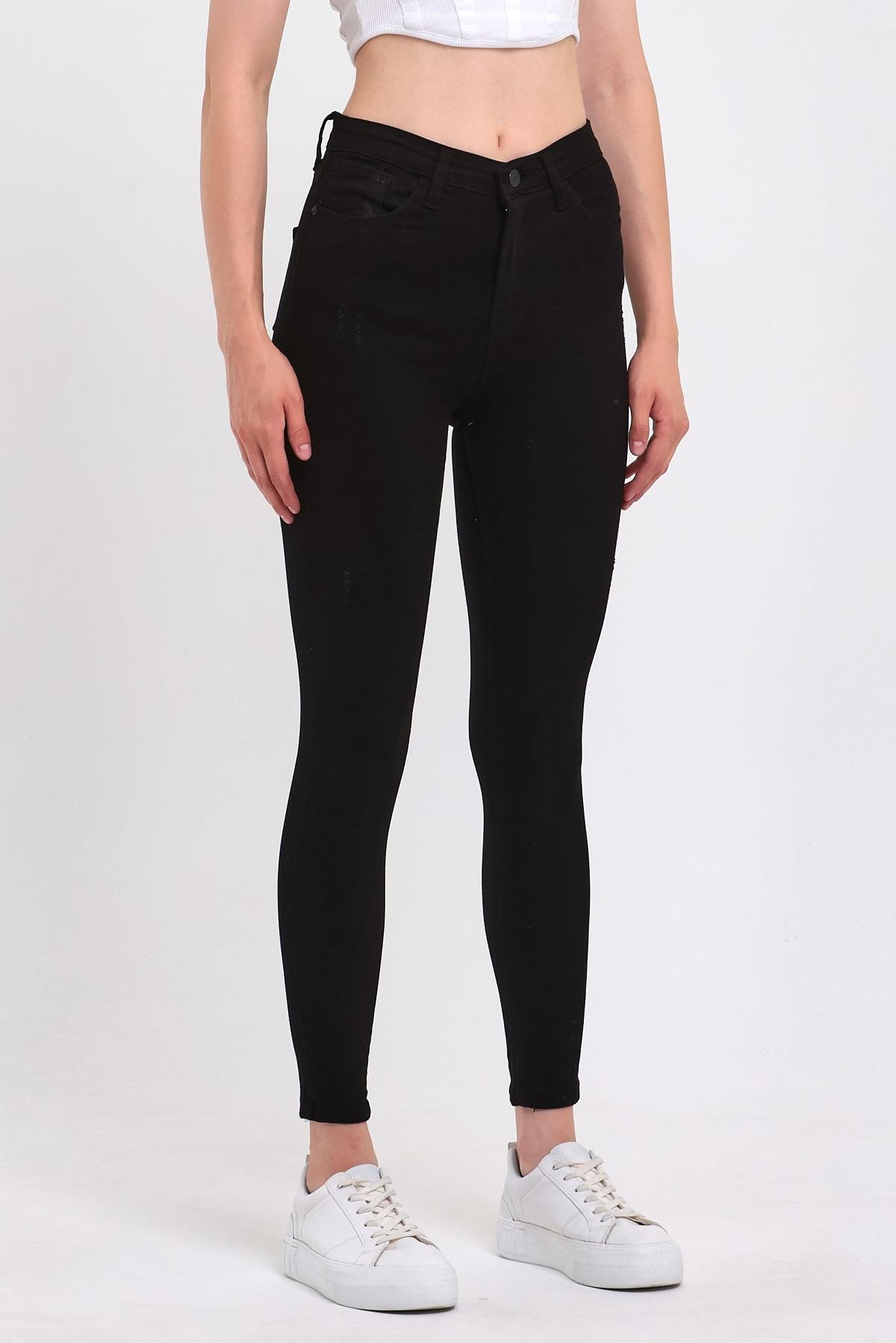 FİHA/HERDEM-4345 KADIN TIRNAKLI TAŞLAMALI JEANS - SİYAH