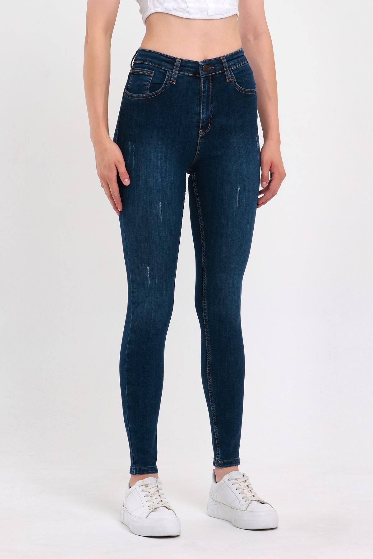 FİHA/HERDEM-4345 KADIN TIRNAKLI TAŞLAMALI JEANS - KOYU MAVİ 