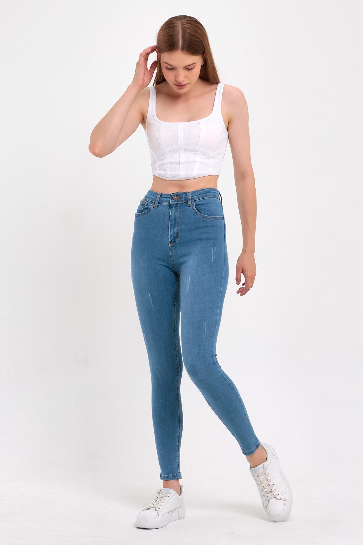 FİHA/HERDEM-4345 KADIN TIRNAKLI TAŞLAMALI JEANS - AÇIK MAVİ