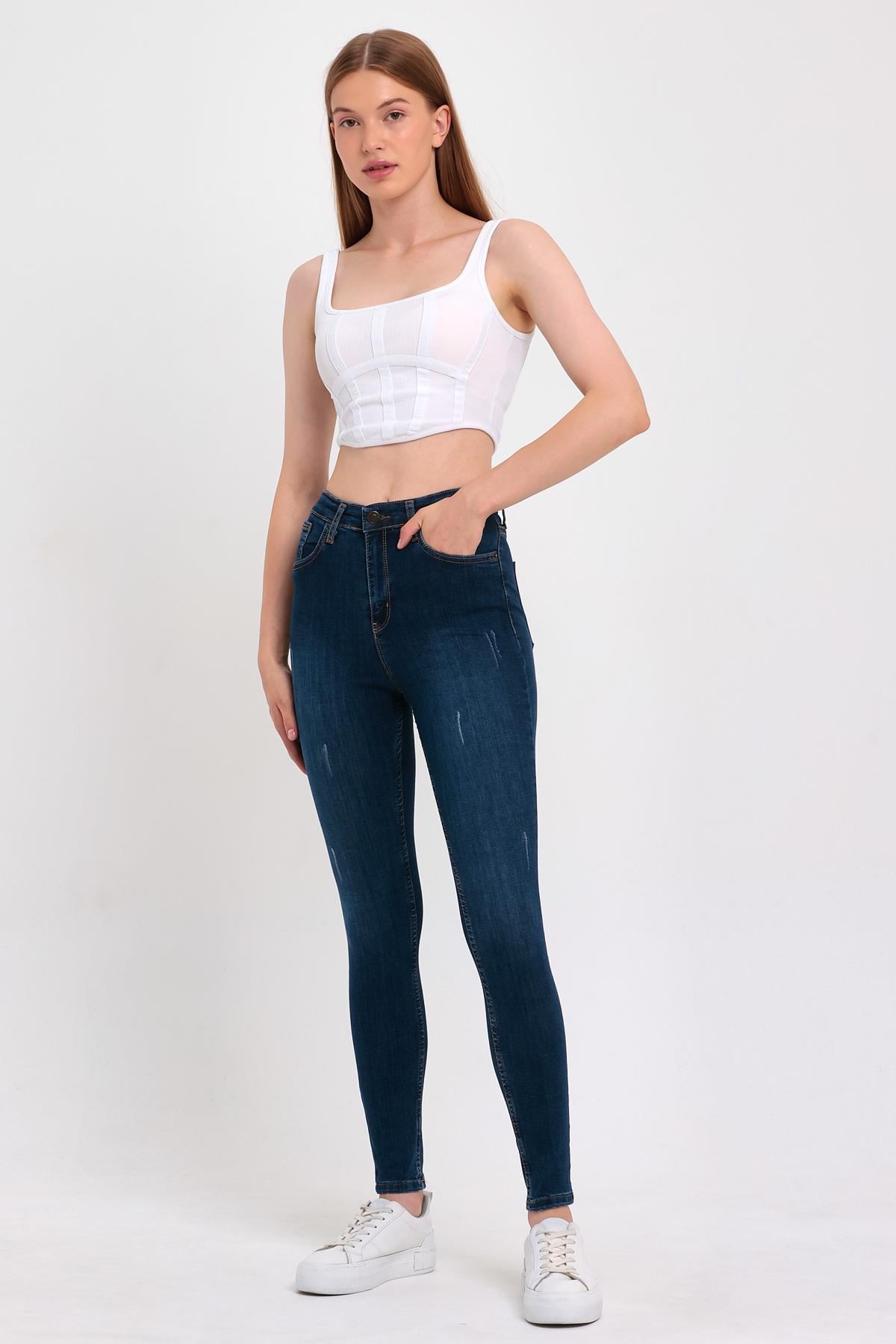 FİHA/HERDEM-4345 KADIN TIRNAKLI TAŞLAMALI JEANS - KOYU MAVİ 