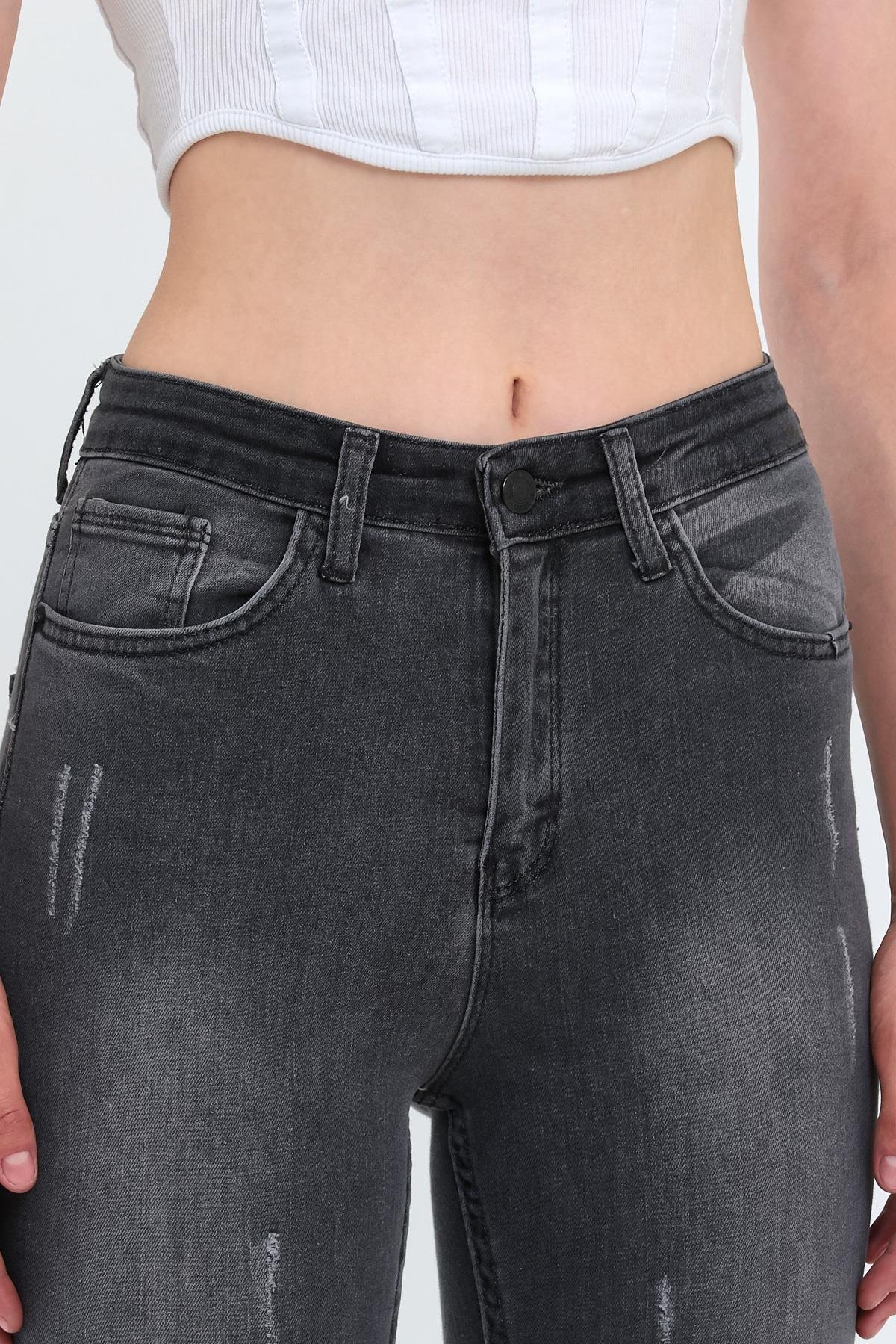 FİHA/HERDEM-4345 KADIN TIRNAKLI TAŞLAMALI JEANS - GRİ 