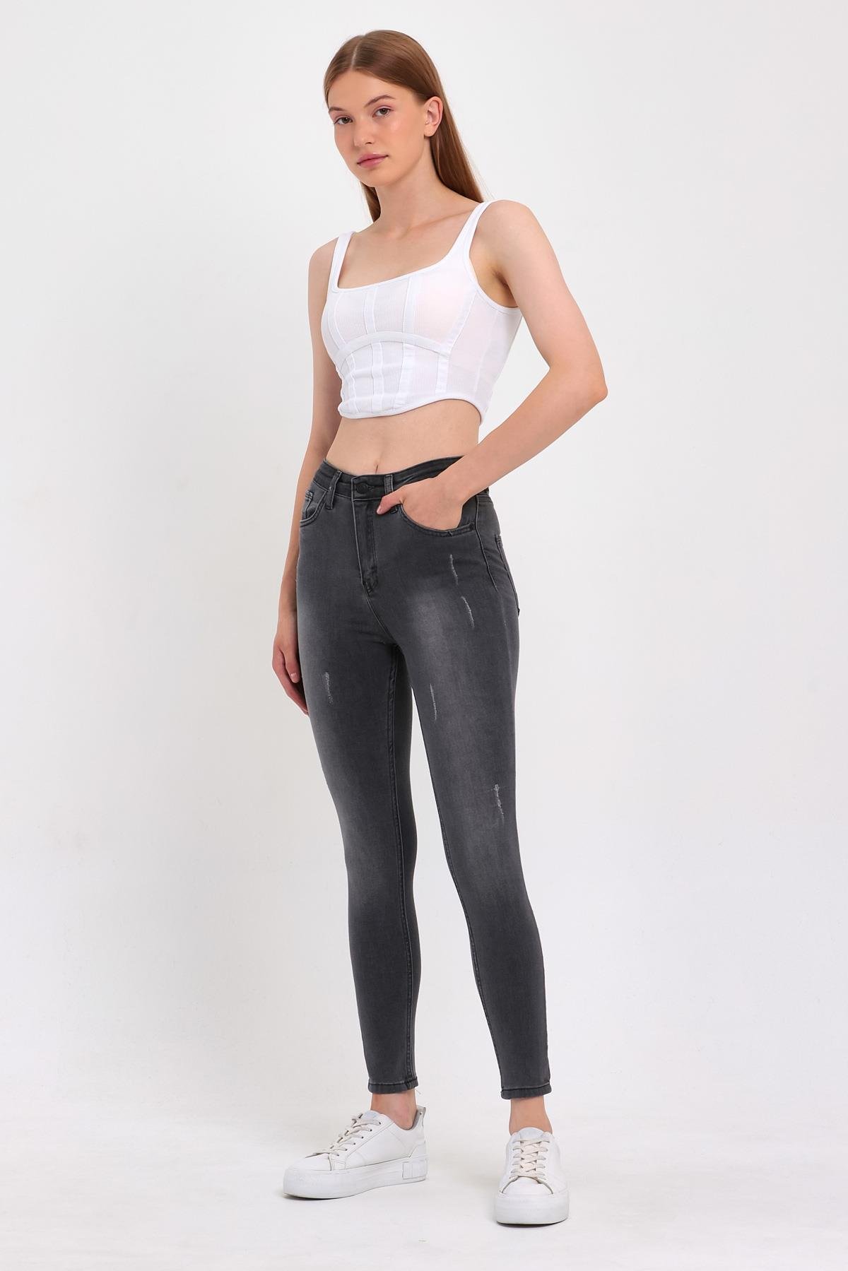 FİHA/HERDEM-4345 KADIN TIRNAKLI TAŞLAMALI JEANS - GRİ 