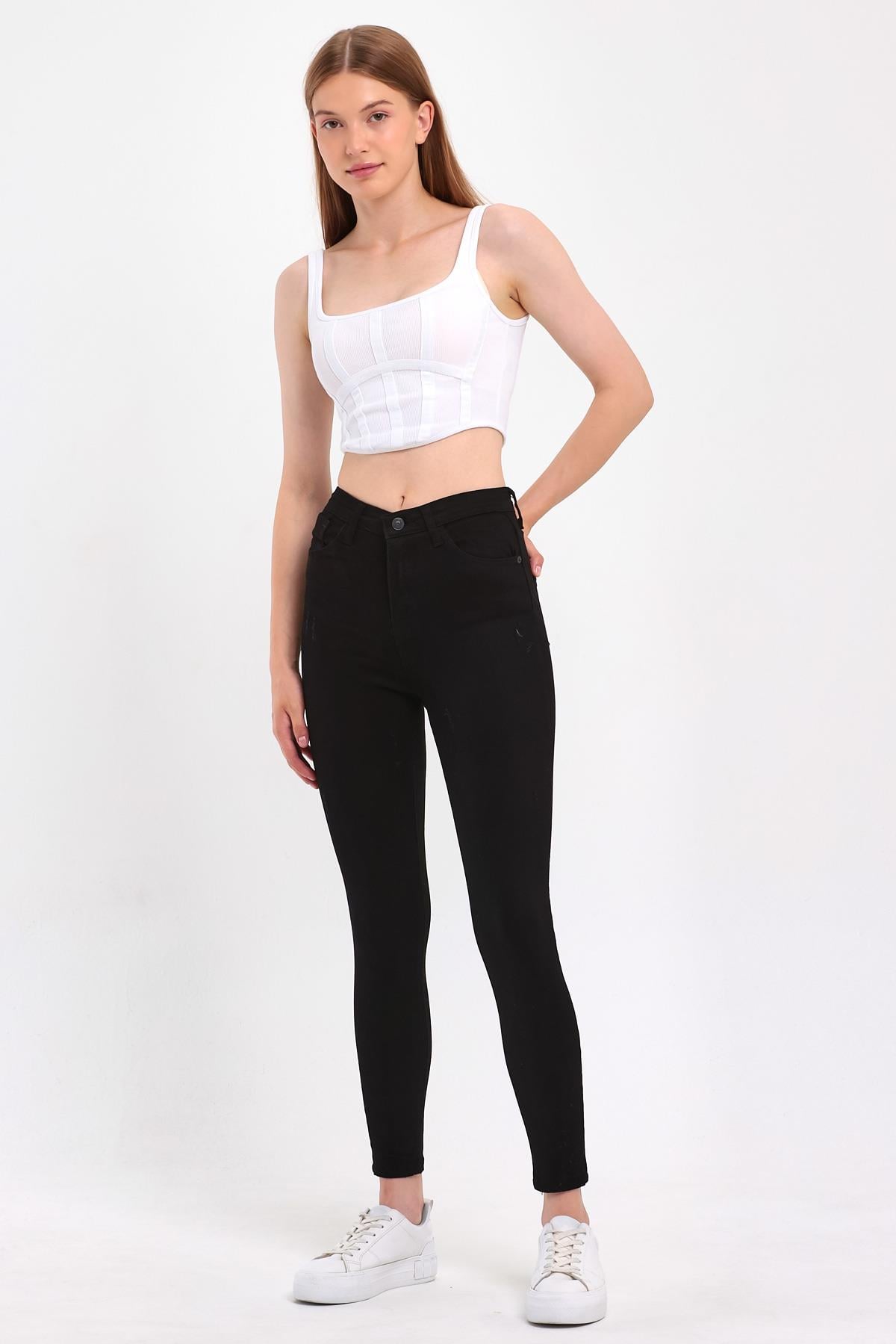 FİHA/HERDEM-4345 KADIN TIRNAKLI TAŞLAMALI JEANS - SİYAH