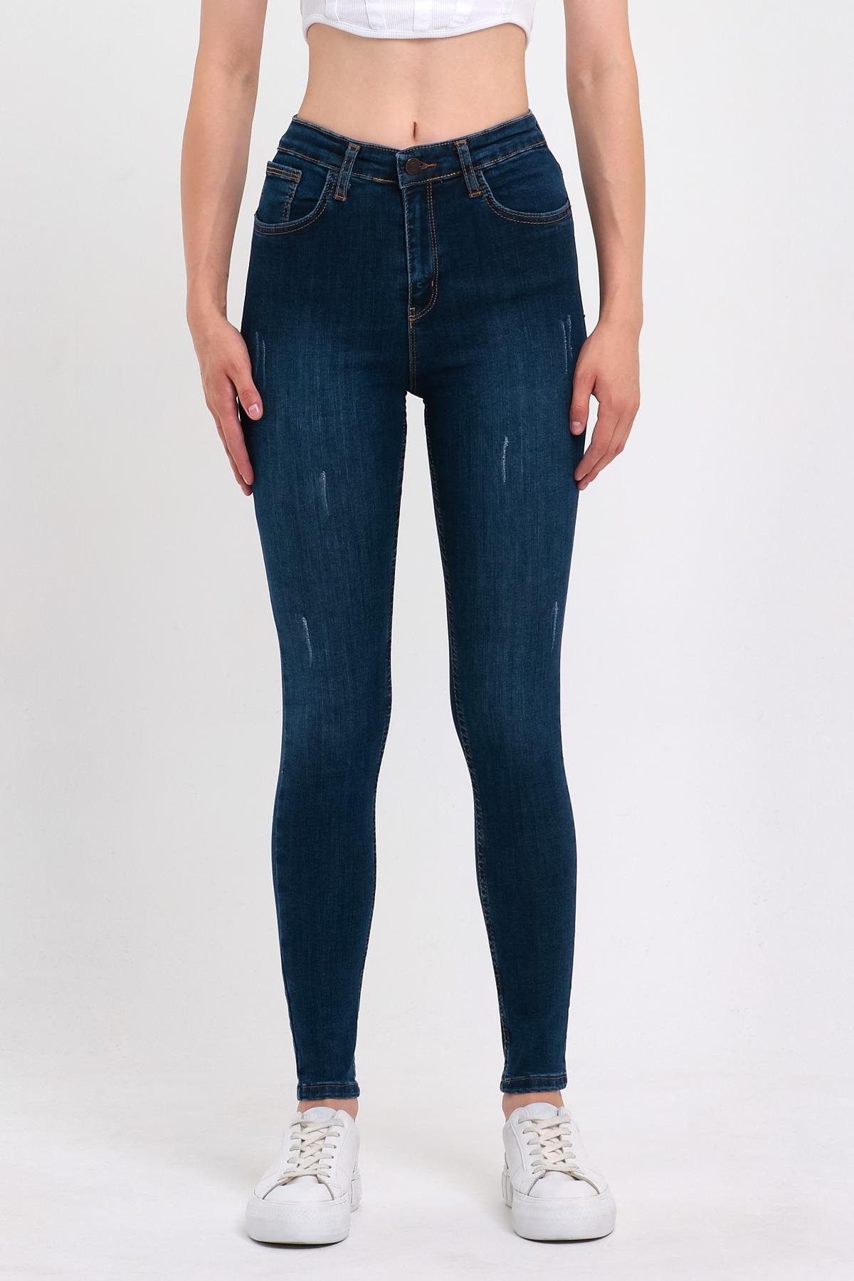 FİHA/HERDEM-4345 KADIN TIRNAKLI TAŞLAMALI JEANS - KOYU MAVİ 