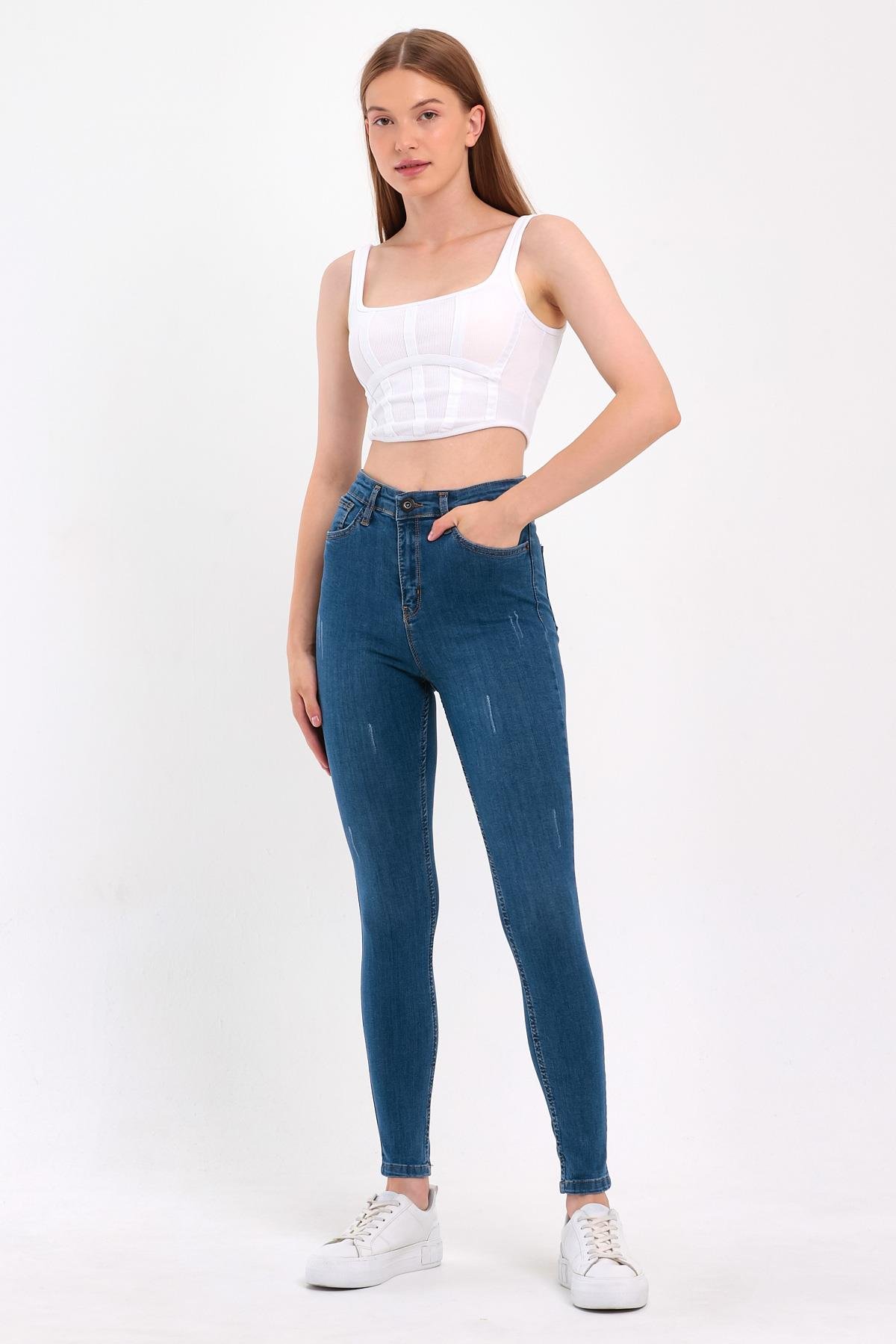 FİHA/HERDEM-4345 KADIN TIRNAKLI TAŞLAMALI JEANS - MAVİ 