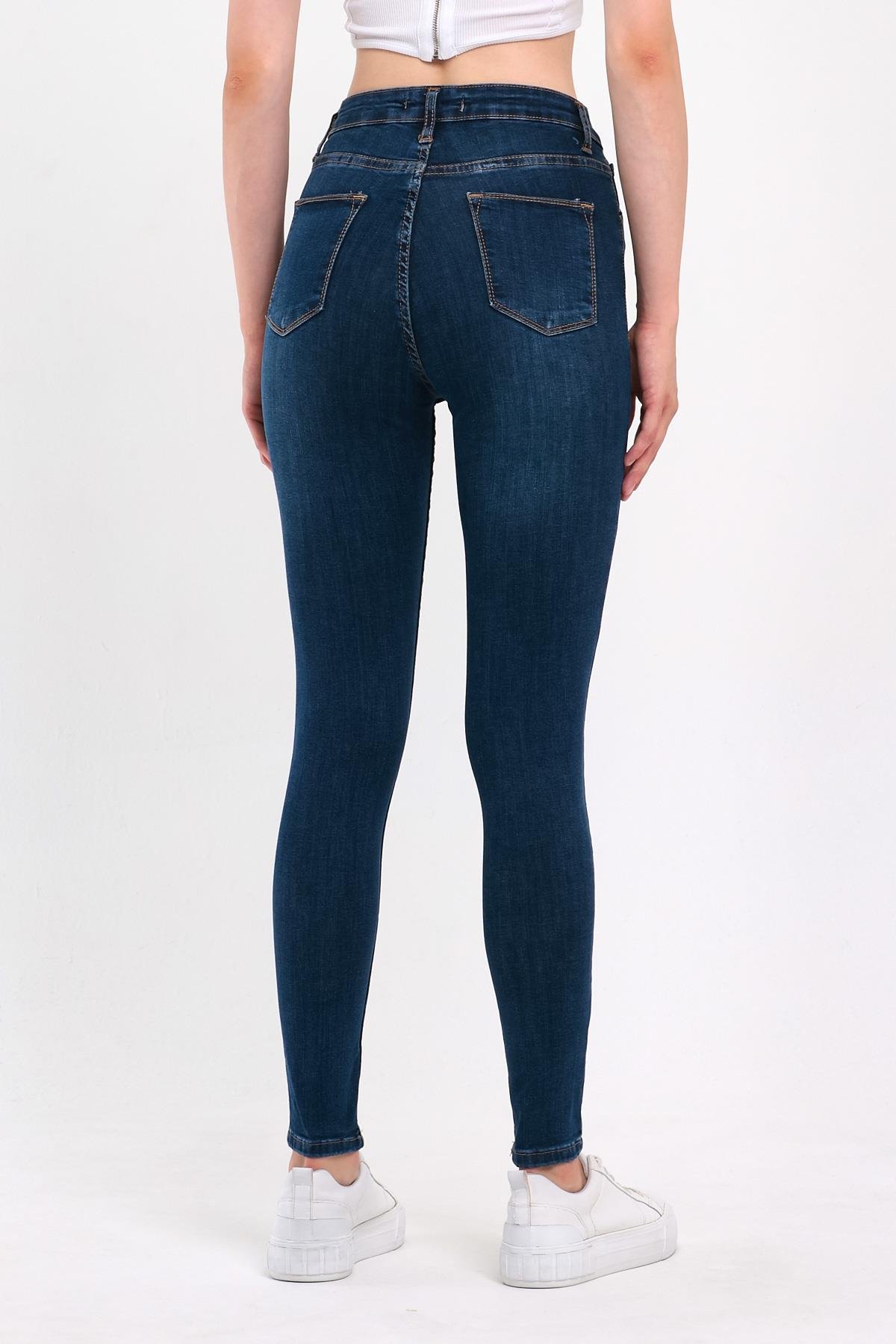FİHA/HERDEM-4345 KADIN TIRNAKLI TAŞLAMALI JEANS - KOYU MAVİ 